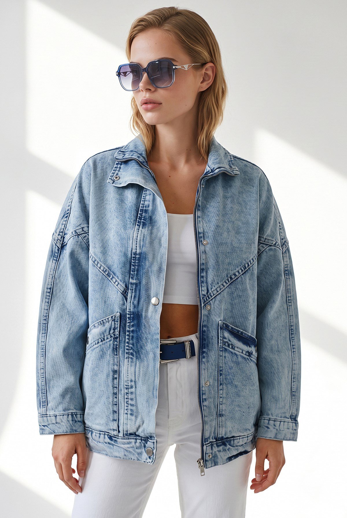 Cepli Fermuarlı Çıtçıtlı Uzun Denim Ceket Açık Mavi