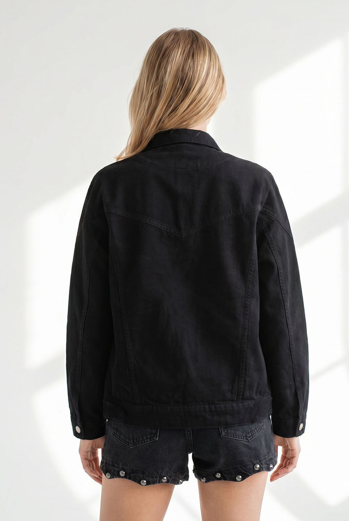 Cepli Fermuarlı Çıtçıtlı Uzun Denim Ceket Siyah