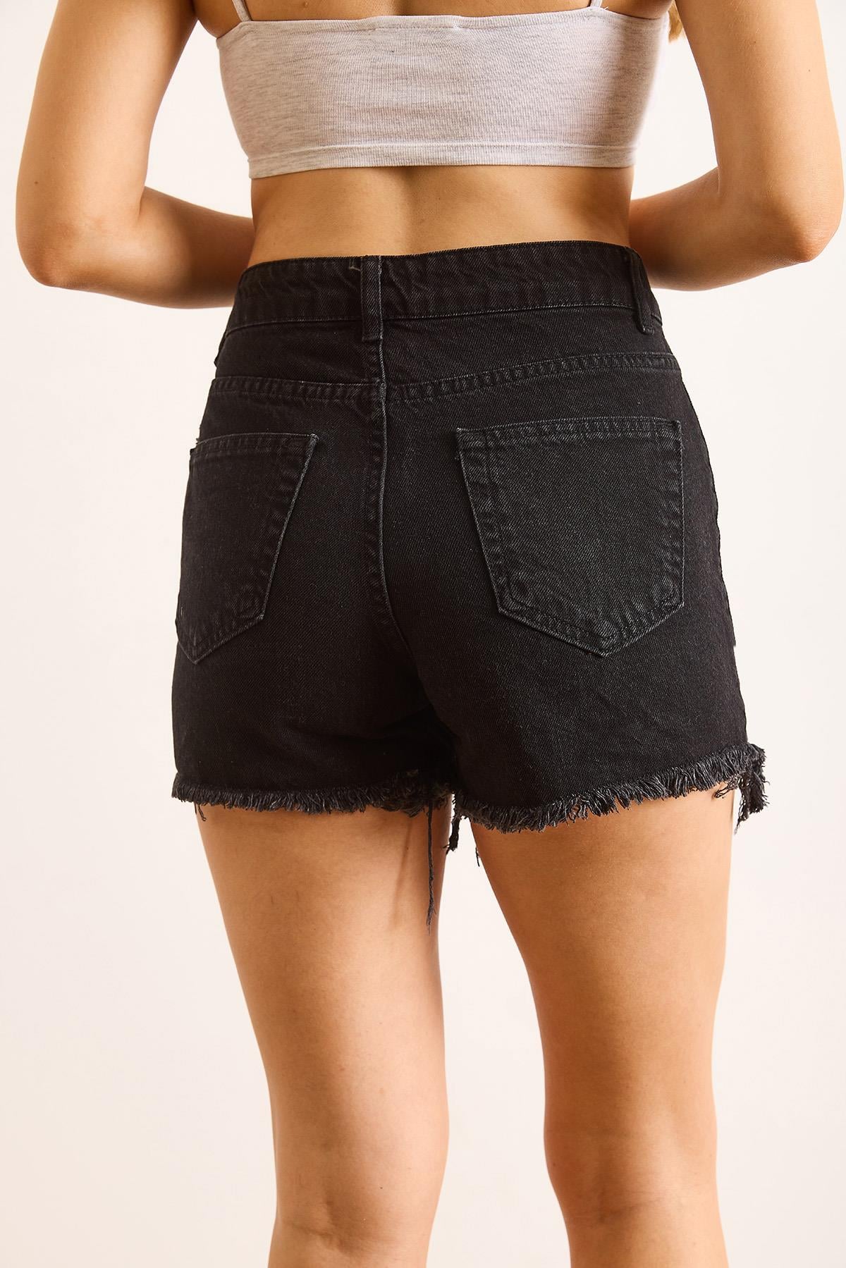 Cepli Lazer Kesim Mom Denim Şort Siyah