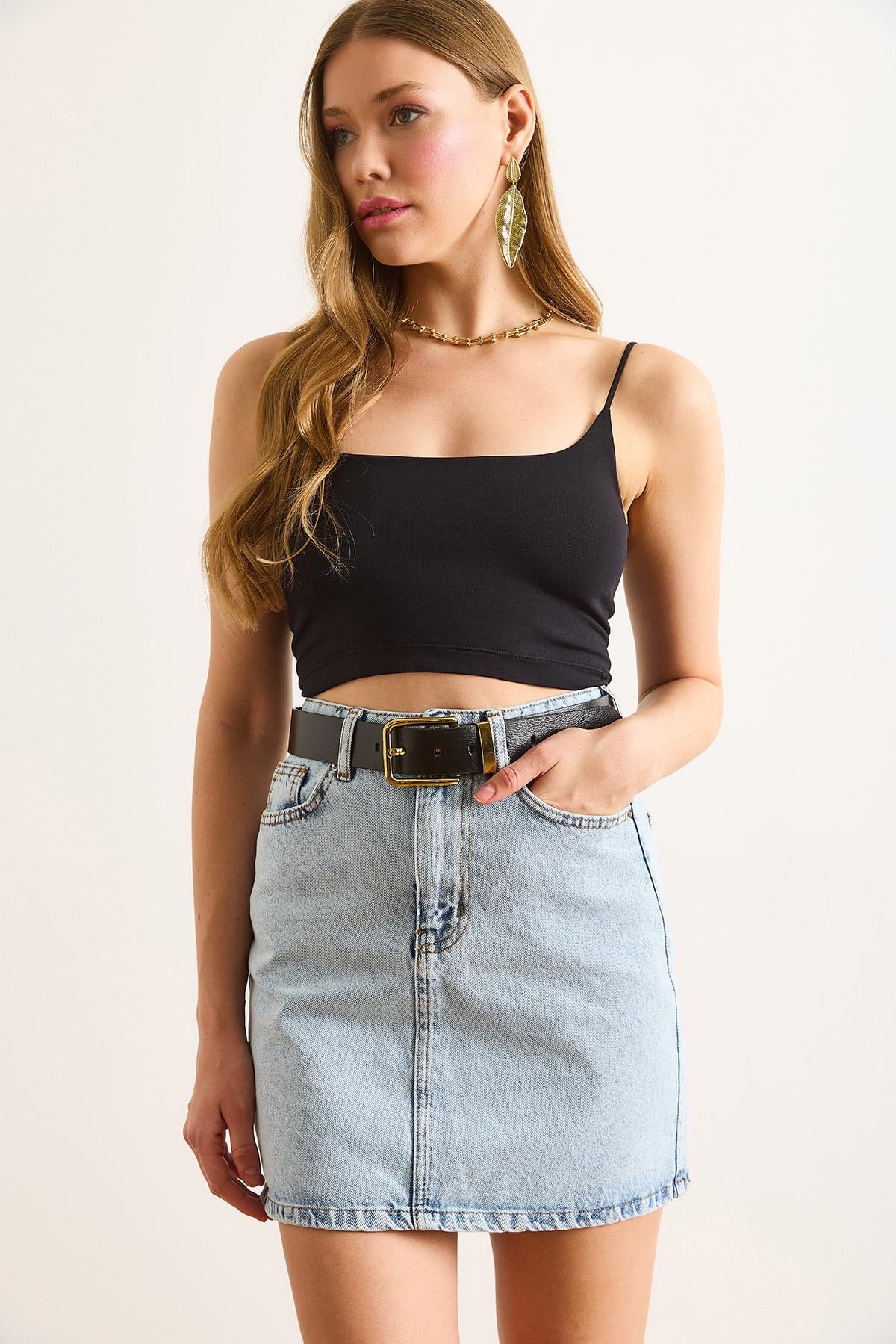 Cepli Mini Denim Etek Açık Mavi