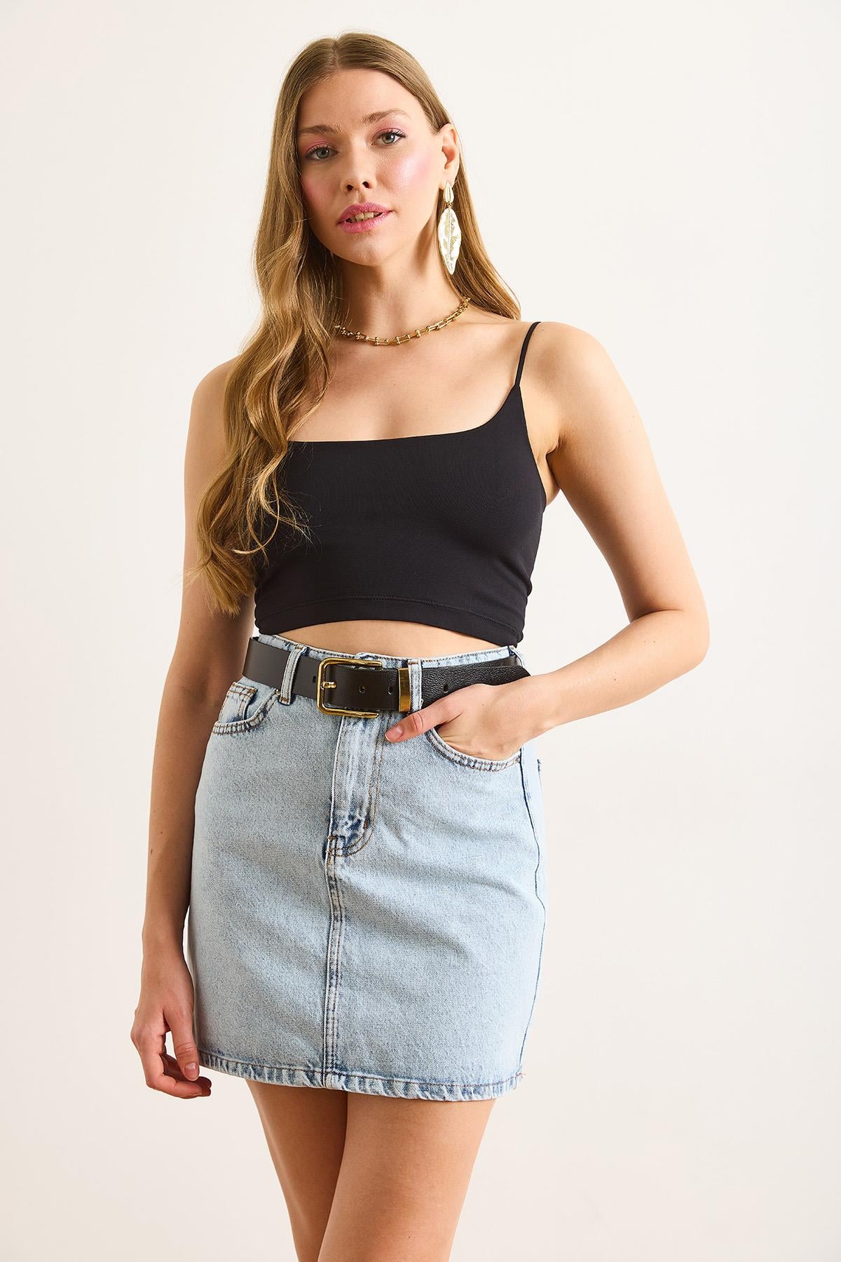 Cepli Mini Denim Etek Açık Mavi
