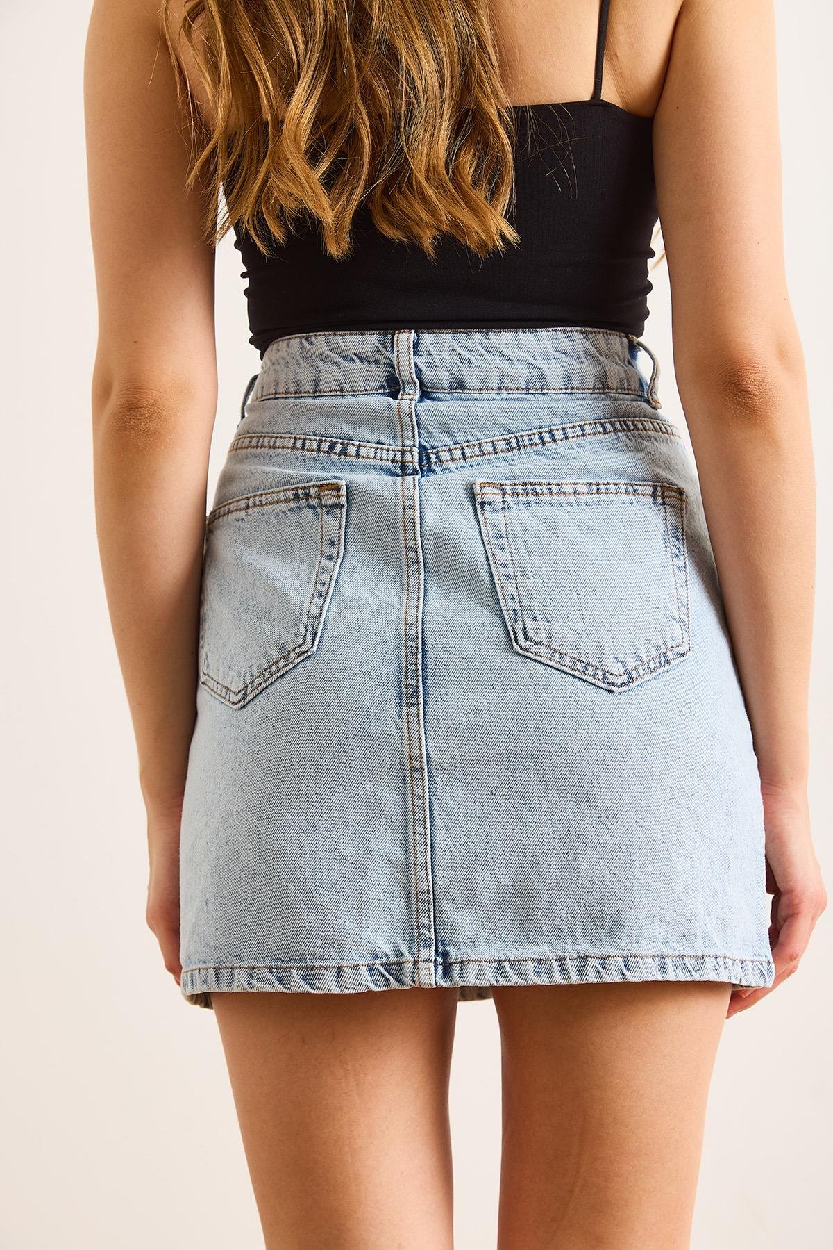 Cepli Mini Denim Etek Açık Mavi