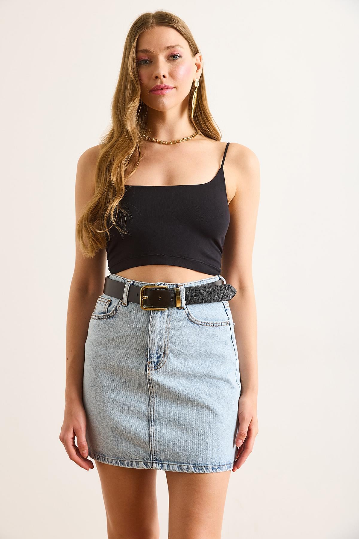 Cepli Mini Denim Etek Açık Mavi