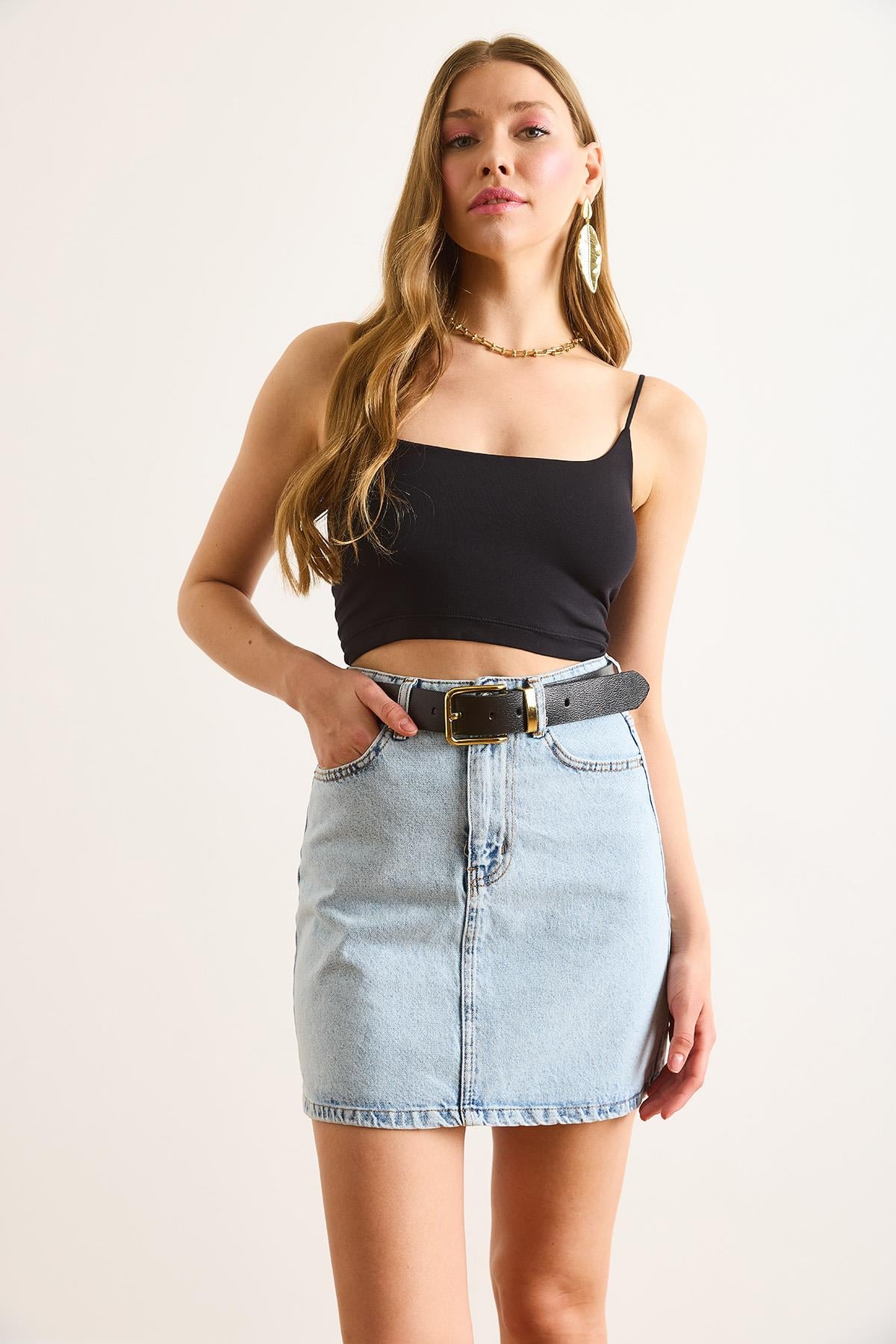 Cepli Mini Denim Etek Açık Mavi