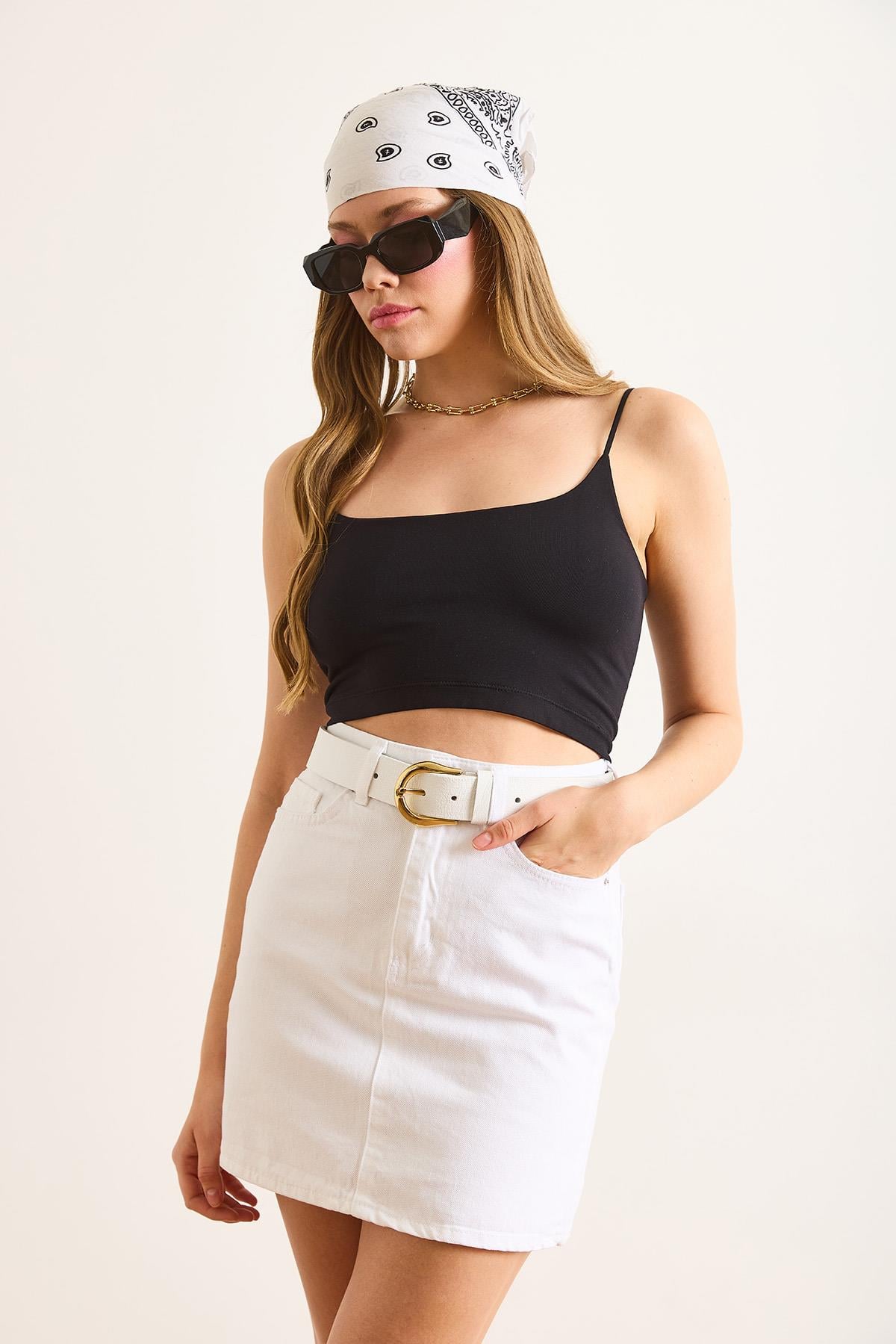 Cepli Mini Denim Etek Beyaz