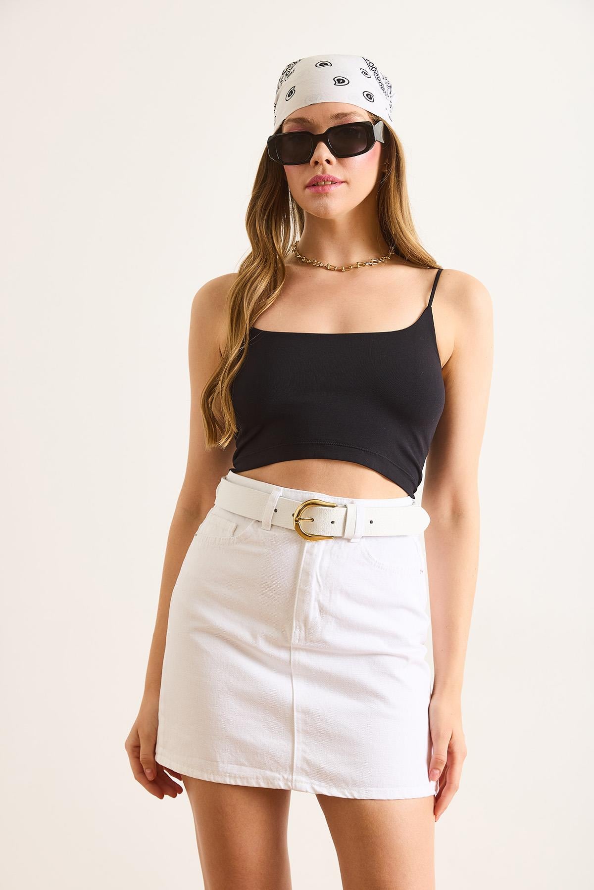 Cepli Mini Denim Etek Beyaz