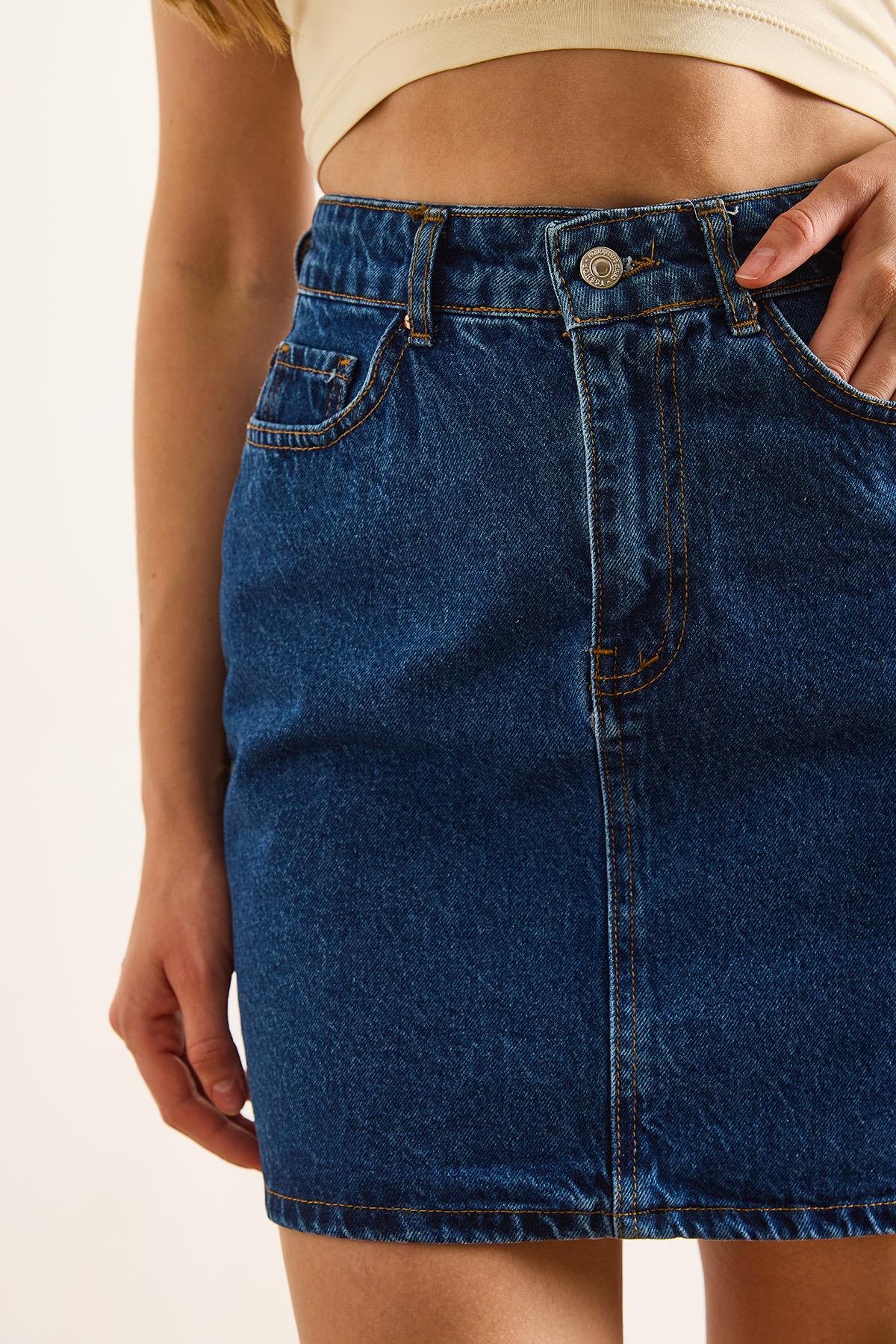 Cepli Mini Denim Etek Koyu Mavi