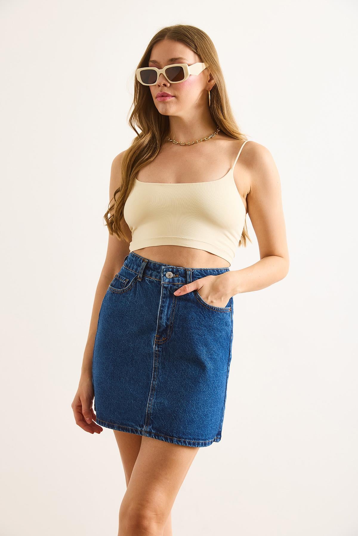 Cepli Mini Denim Etek Koyu Mavi