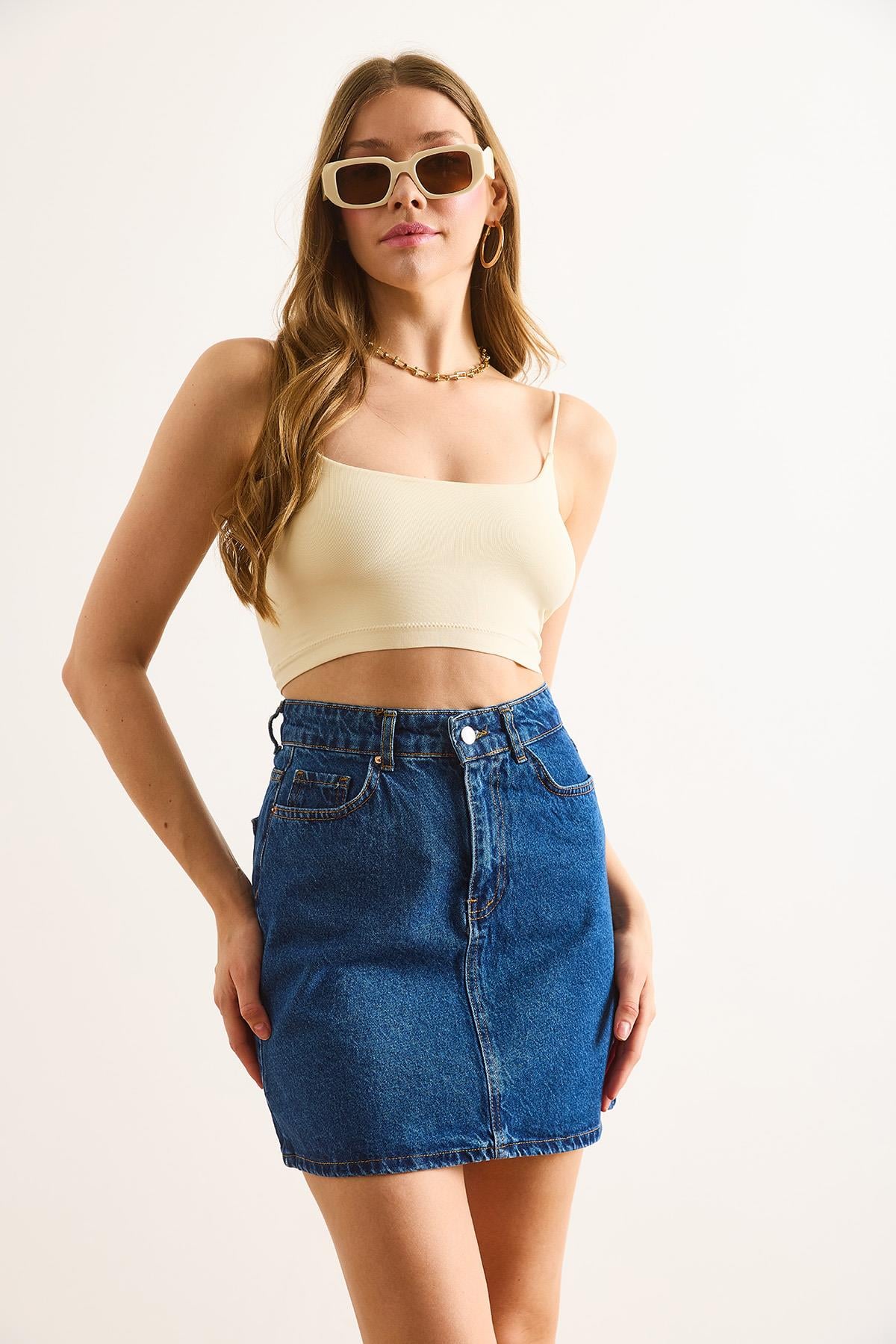 Cepli Mini Denim Etek Koyu Mavi