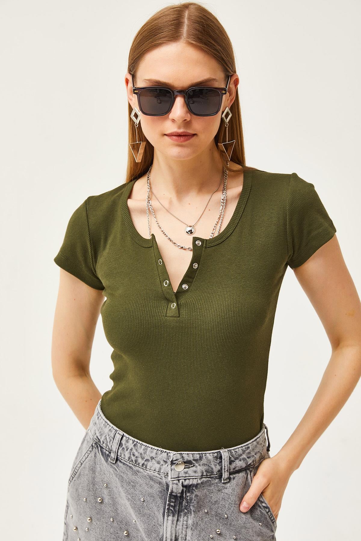 Çıtçıtlı Kaşkorse Bluz Haki