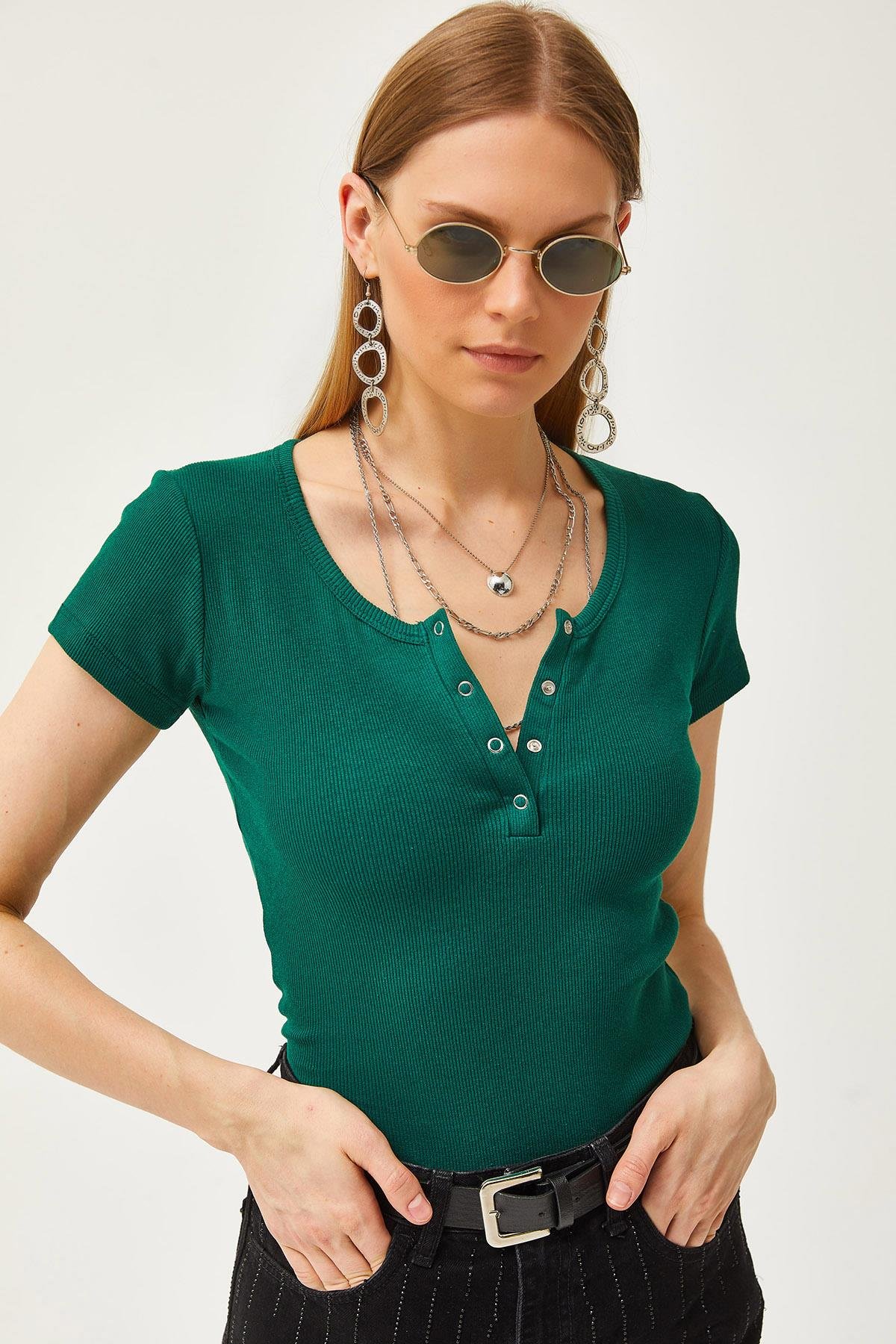 Çıtçıtlı Kaşkorse Bluz Koyu Yeşil