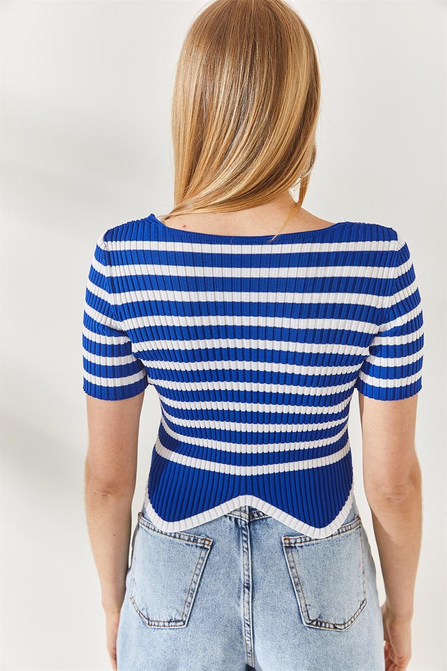 Çizgili Asimetrik Crop Triko Bluz Saks Mavi