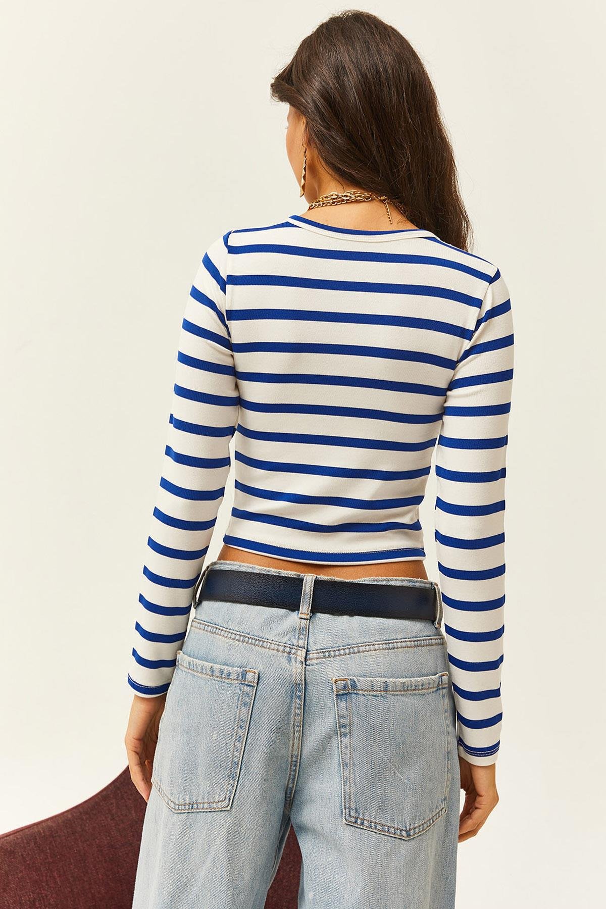 Çizgili Bisiklet Yaka Premium Soft Touch Crop Esnek Bluz Saks Mavi