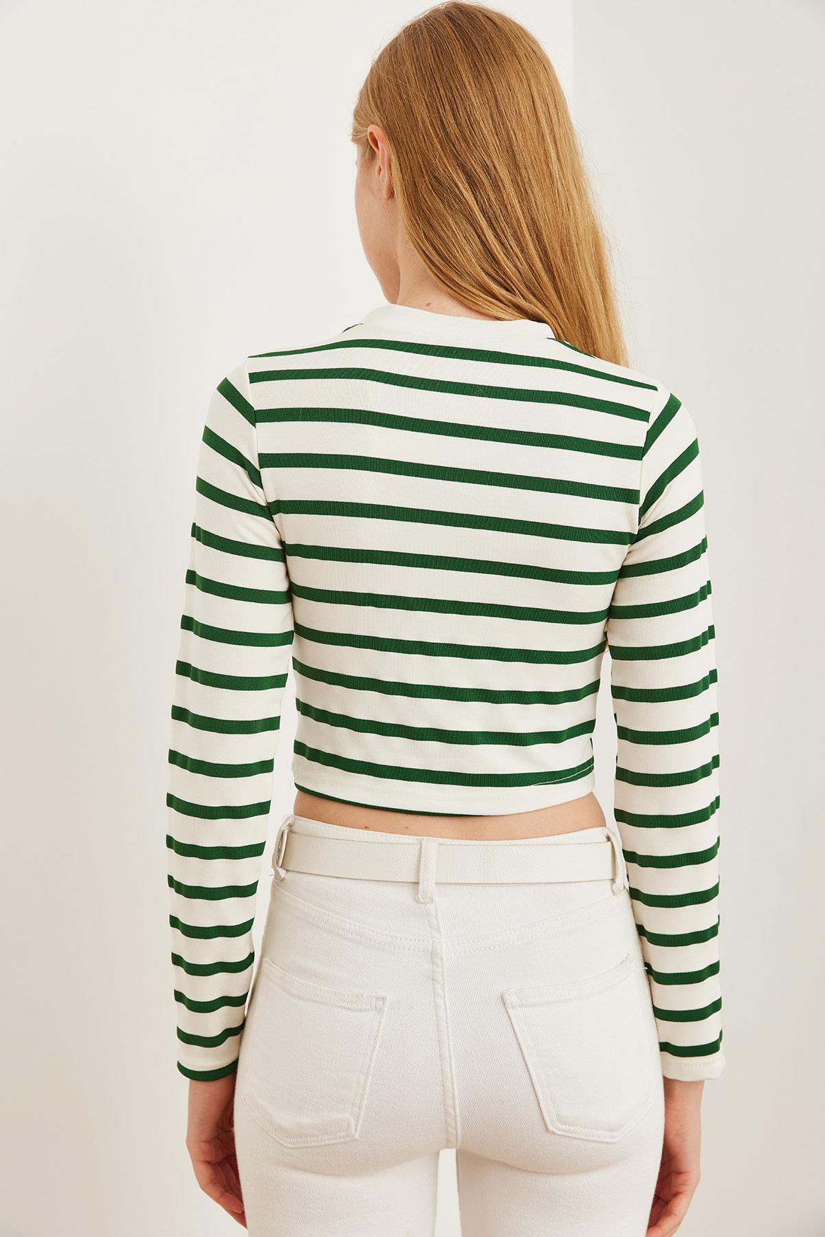 Çizgili Bisiklet Yaka Premium Soft Touch Crop Esnek Bluz Yeşil