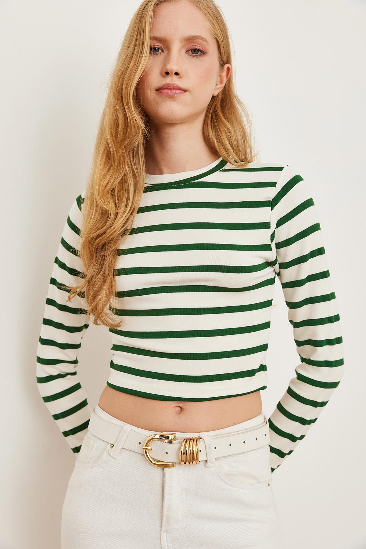 Çizgili Bisiklet Yaka Premium Soft Touch Crop Esnek Bluz Yeşil