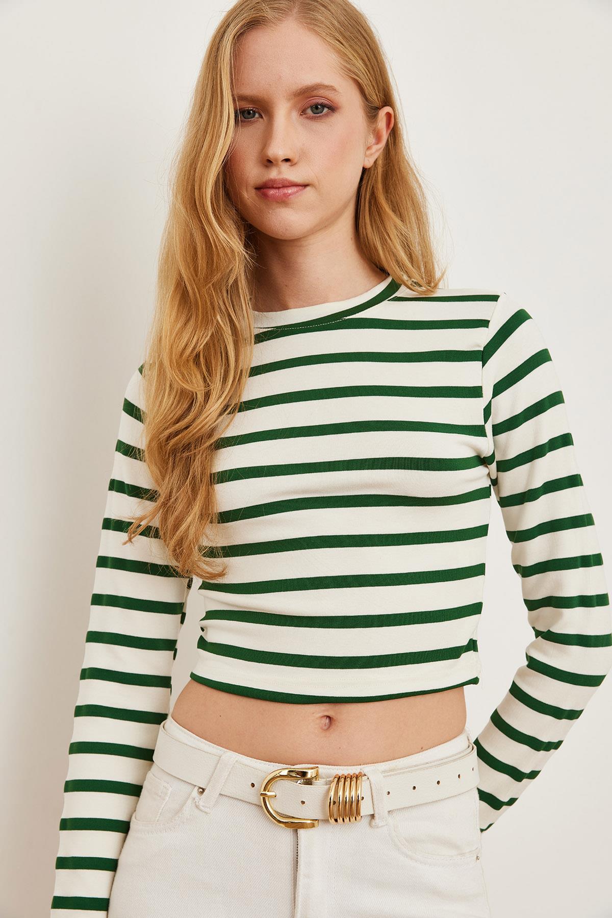 Çizgili Bisiklet Yaka Premium Soft Touch Crop Esnek Bluz Yeşil