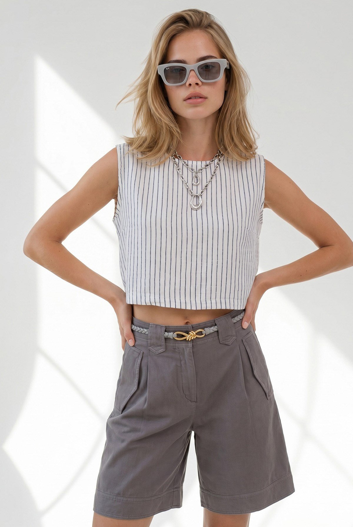 Çizgili Crop Müslin Bluz Beyaz Siyah