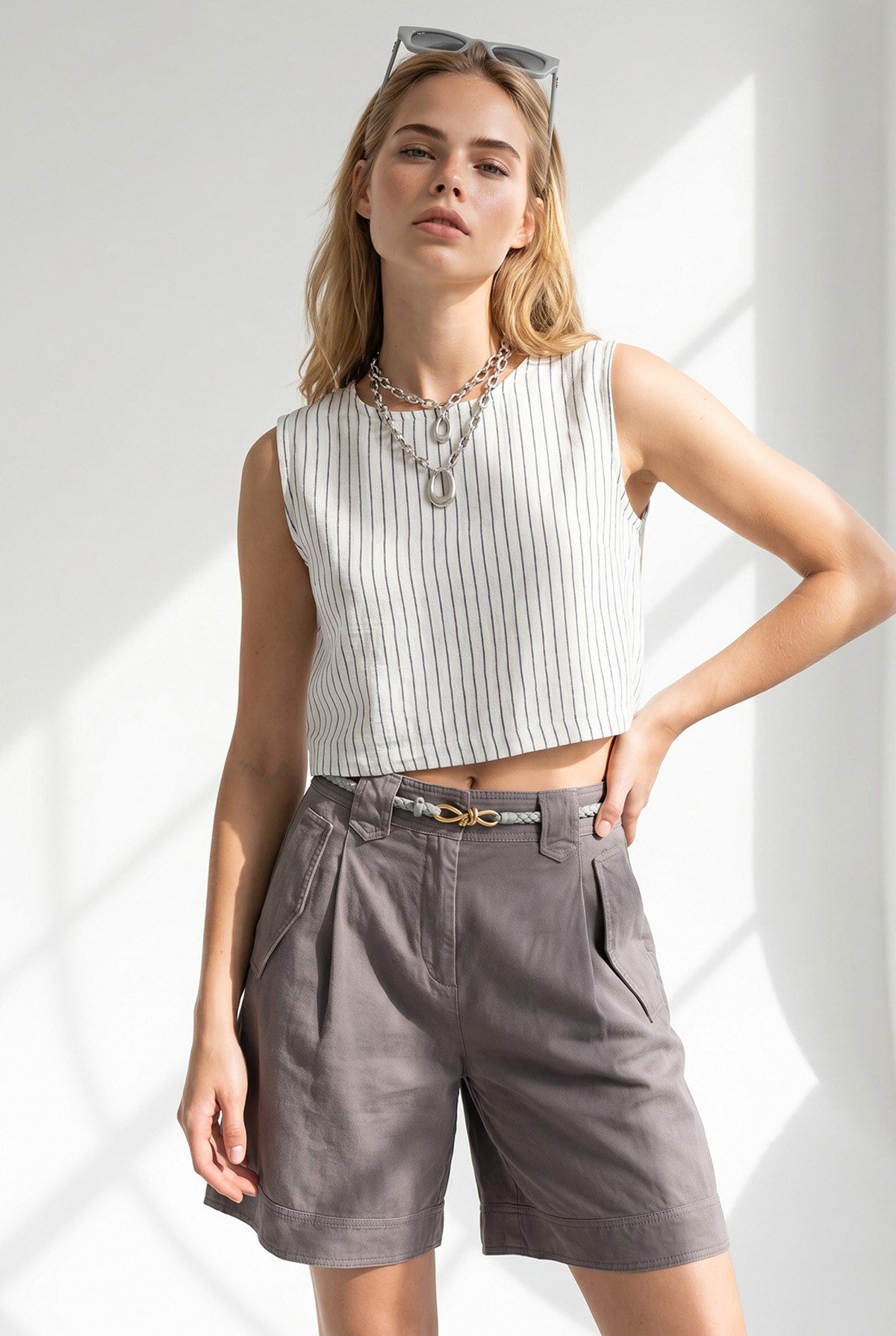 Çizgili Crop Müslin Bluz Beyaz Siyah