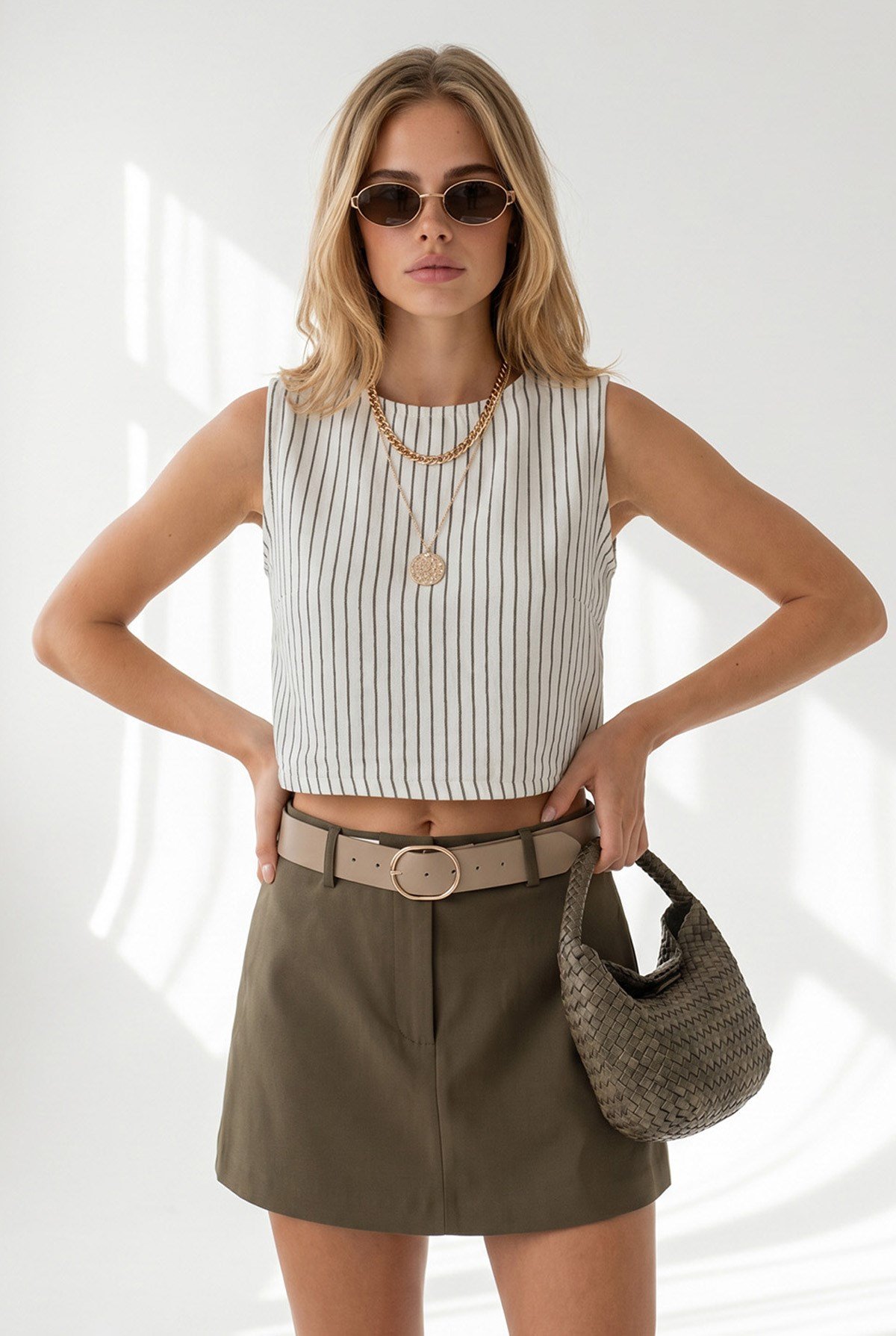 Çizgili Crop Müslin Bluz Ekru Haki