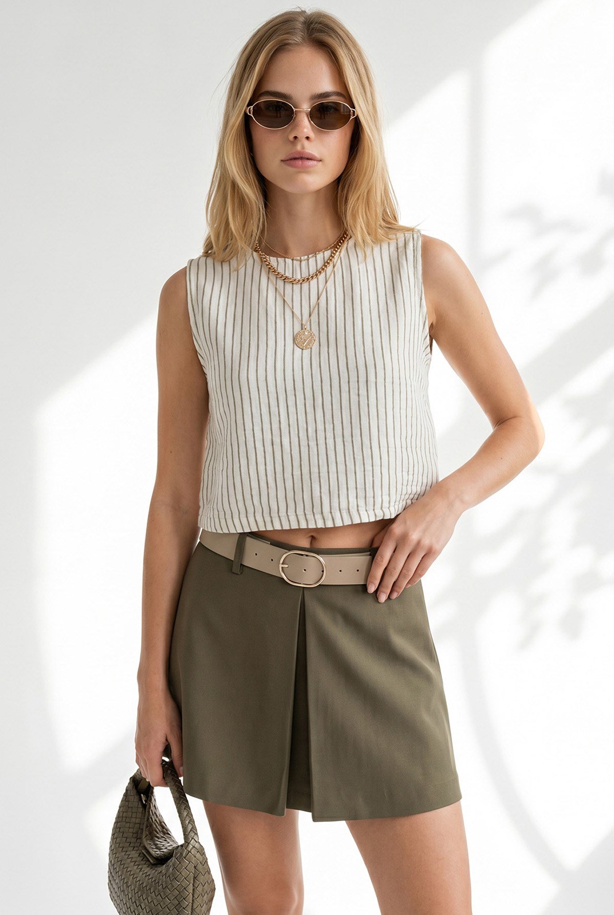 Çizgili Crop Müslin Bluz Ekru Haki