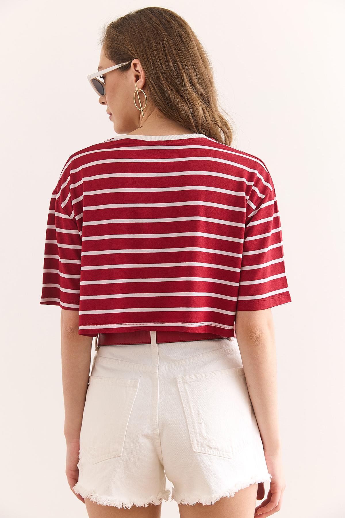 Çizgili Salaş Crop Tişört Kırmızı
