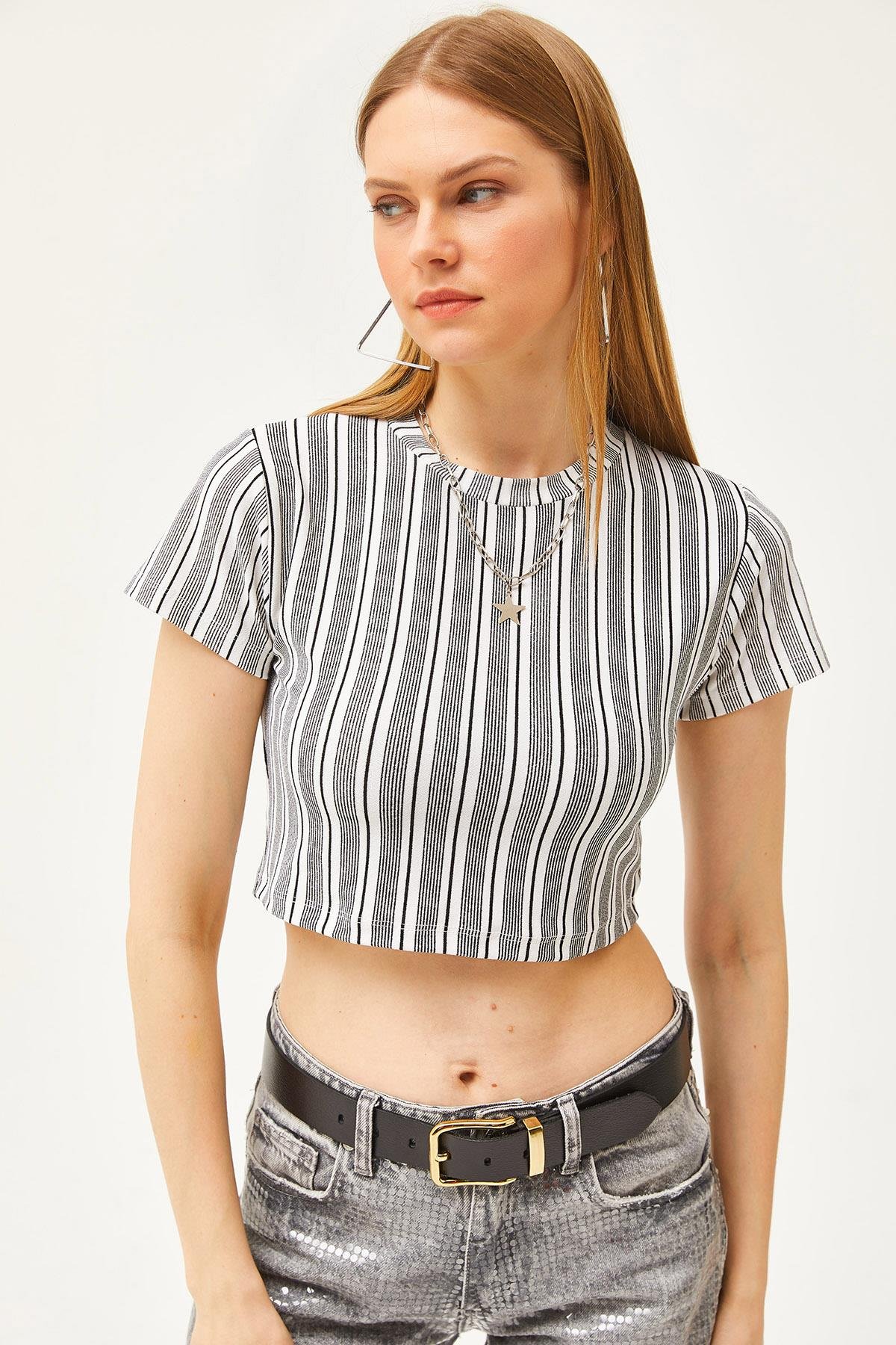 Crop Örme Krep Bluz Çizgili Ekru