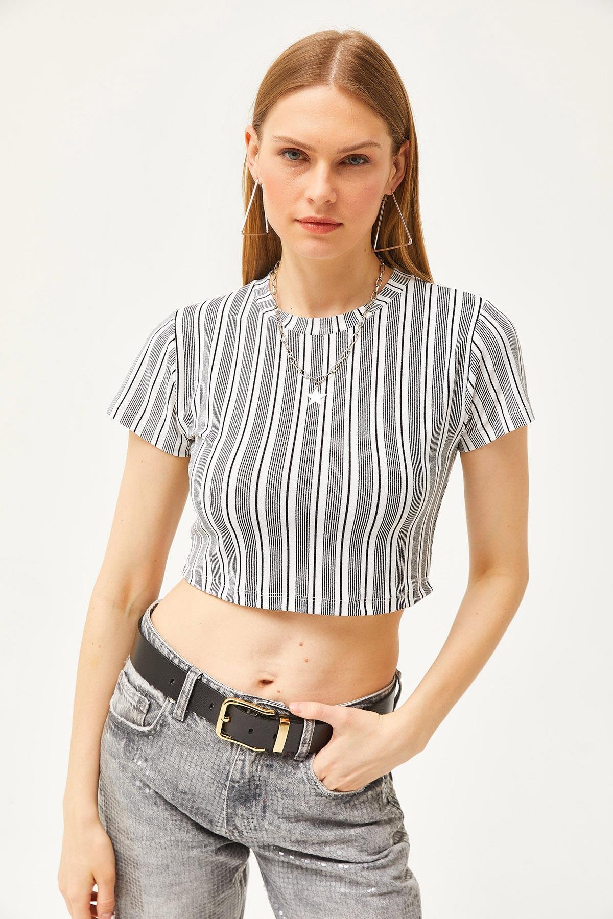 Crop Örme Krep Bluz Çizgili Ekru