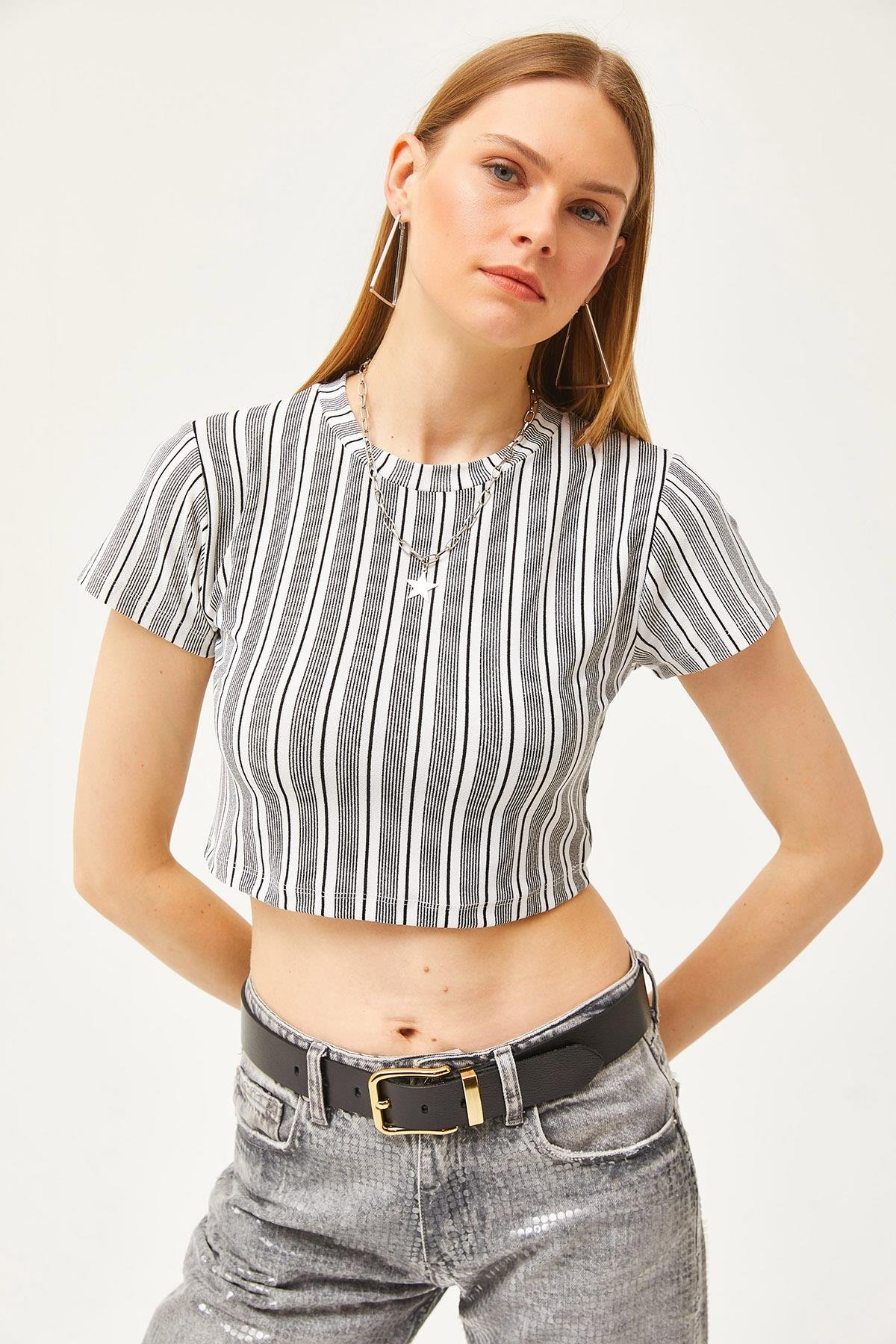 Crop Örme Krep Bluz Çizgili Ekru