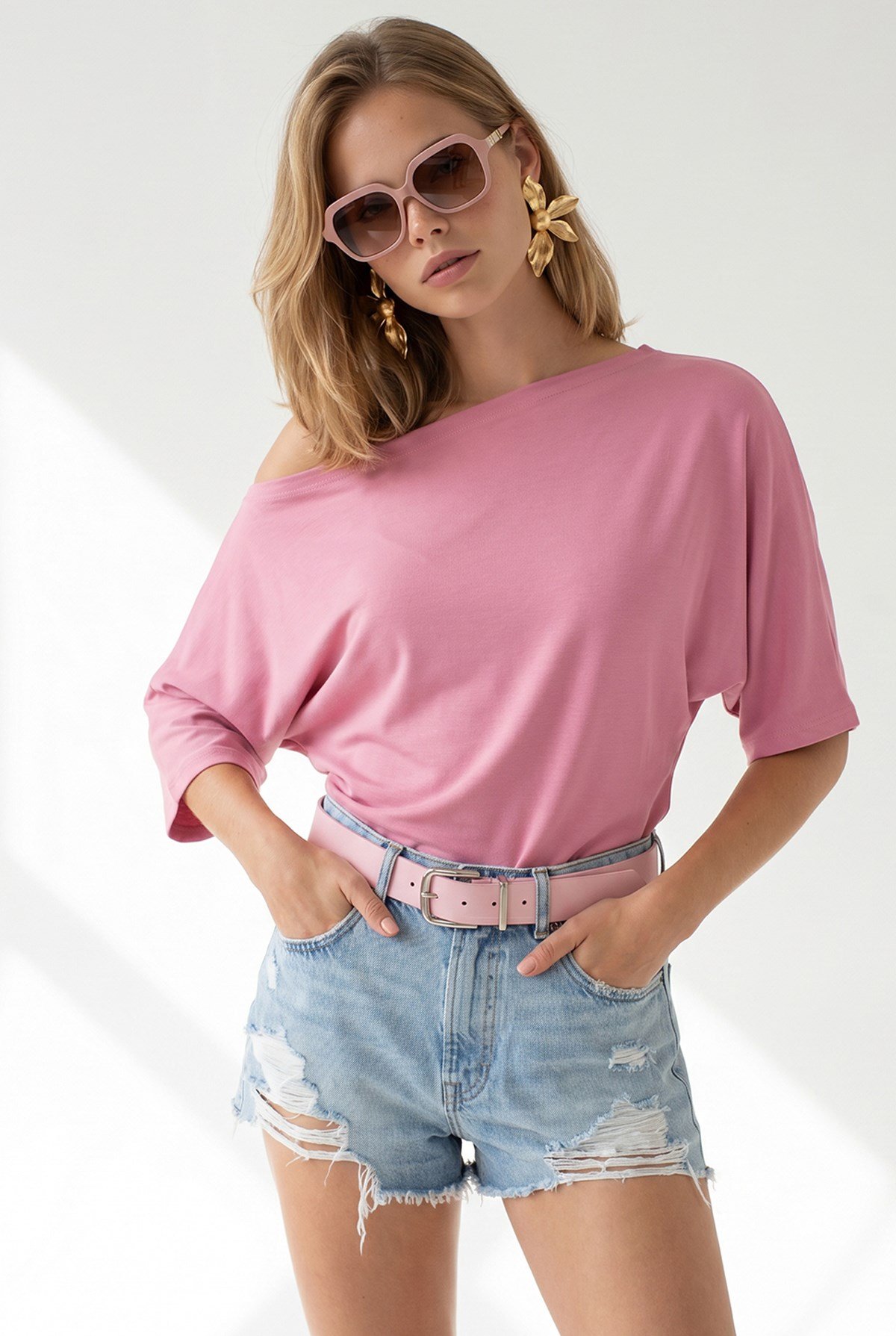 Degaje Yaka Dökümlü Viskon Bluz Pembe