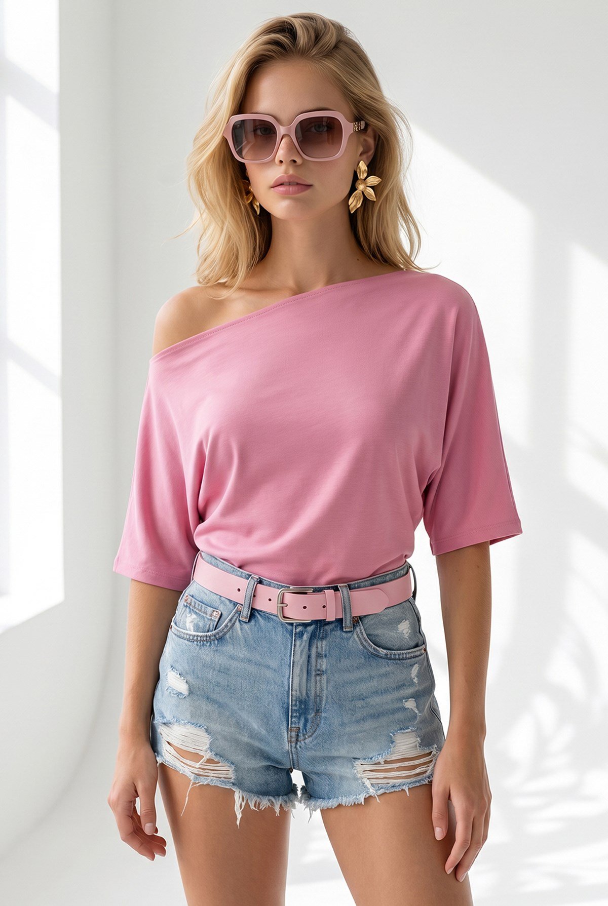 Degaje Yaka Dökümlü Viskon Bluz Pembe