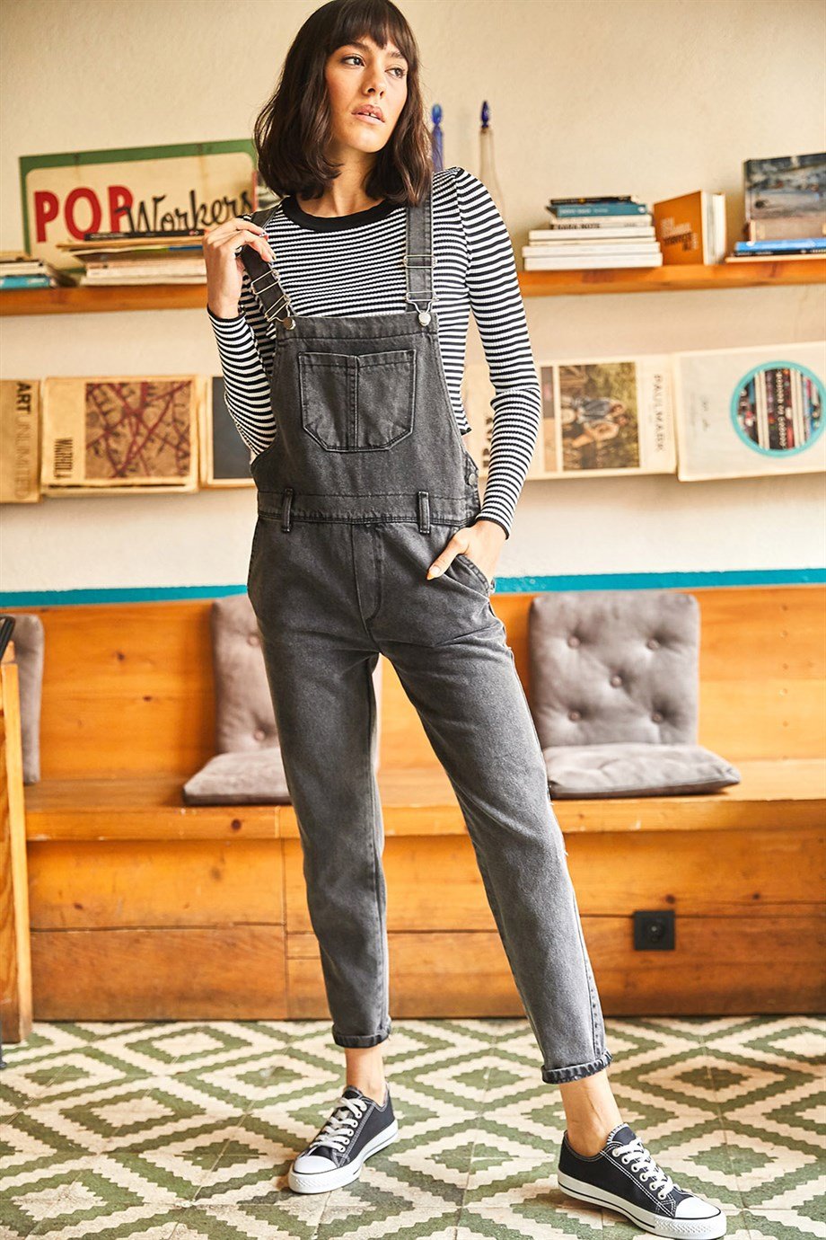 Denim Bahçıvan Salopet Füme Yıkamalı