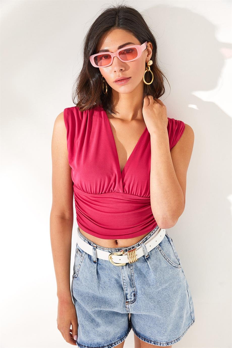 Derin Dekolteli Beli Bantlı Crop Bluz Kolsuz Fuşya