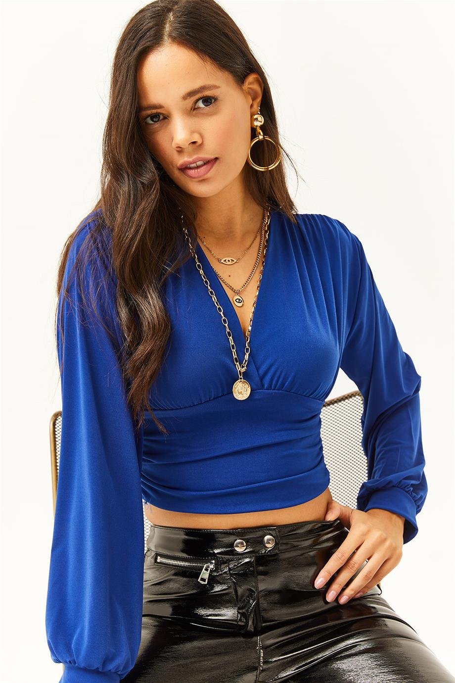 Derin Dekolteli Beli Bantlı Crop Bluz Saks Mavi
