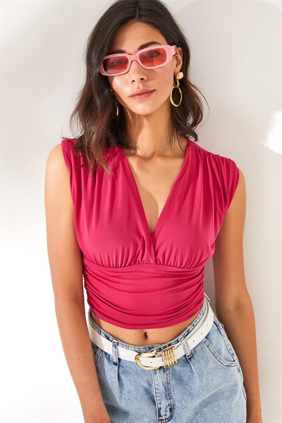 Derin Dekolteli Beli Bantlı Crop Bluz Kolsuz Fuşya