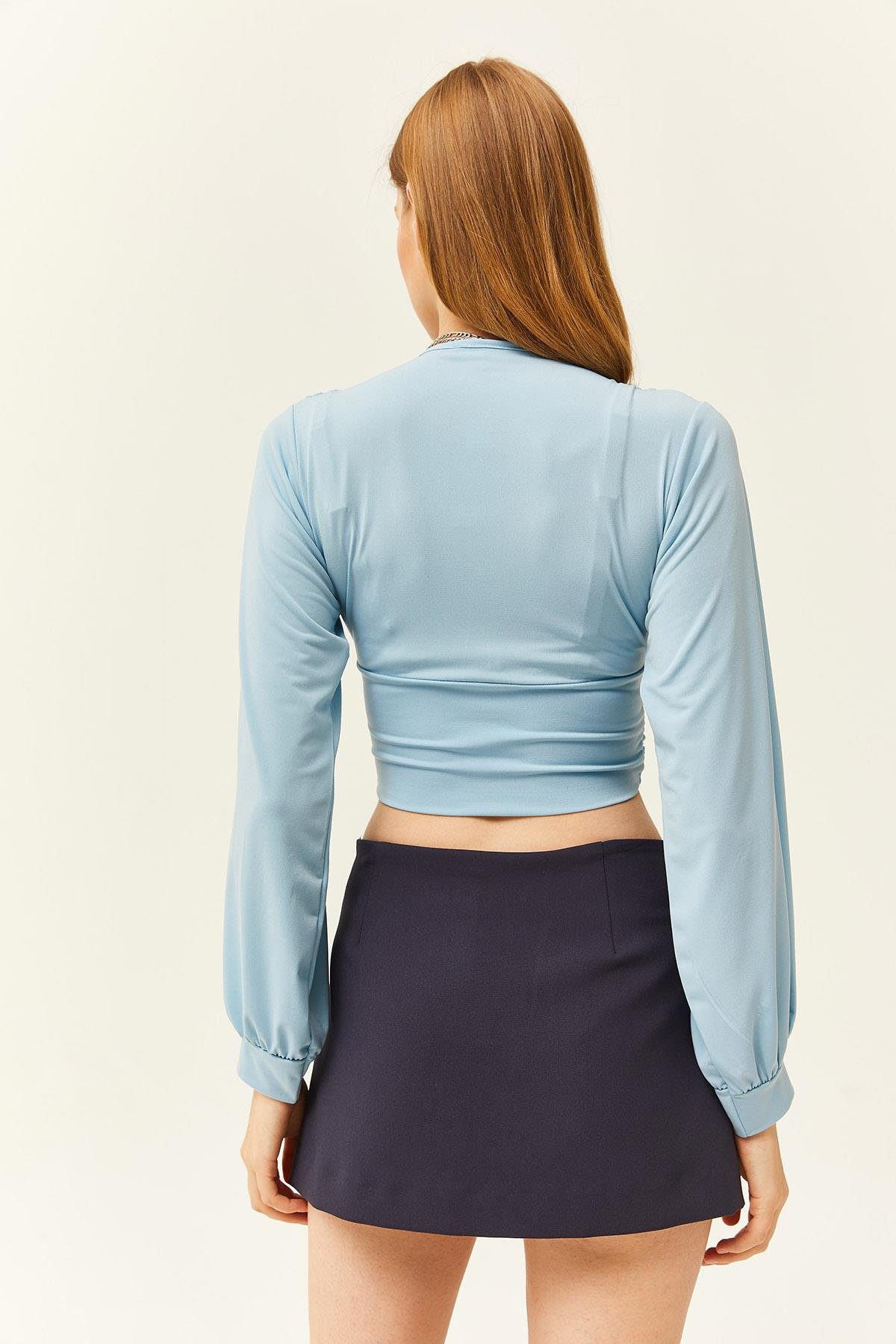 Derin Dekolteli Beli Bantlı Crop Bluz Bebe Mavi