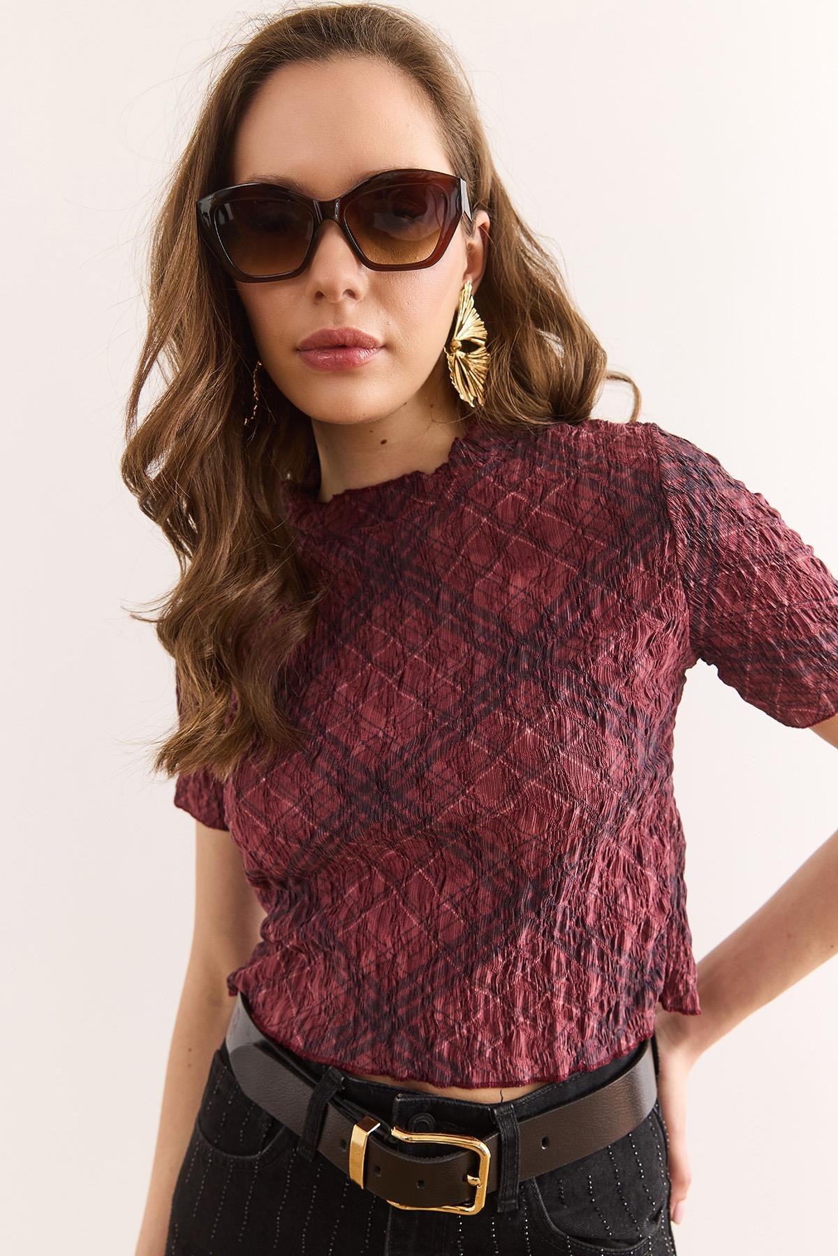 Dijital Baskılı Crop Bürümcük Bluz Bordo