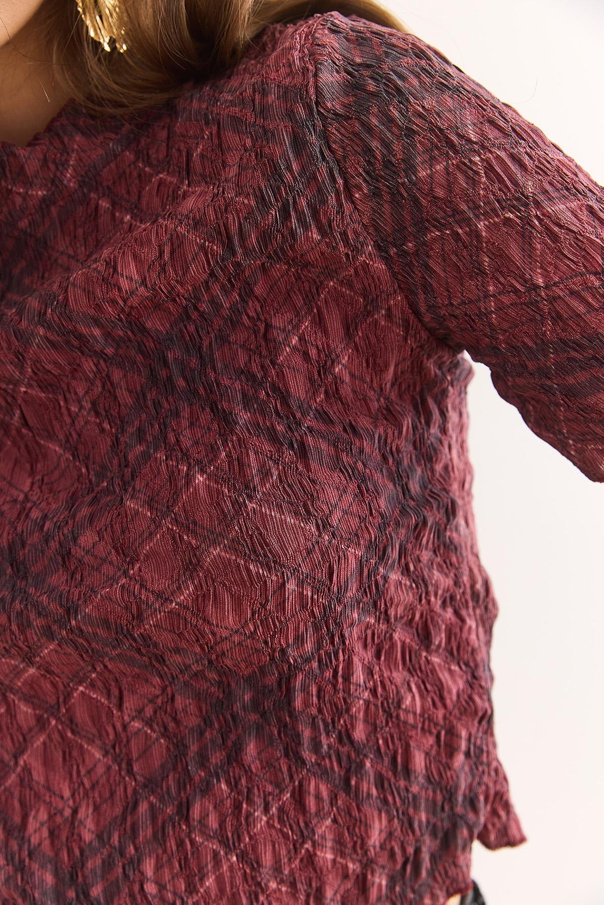 Dijital Baskılı Crop Bürümcük Bluz Bordo