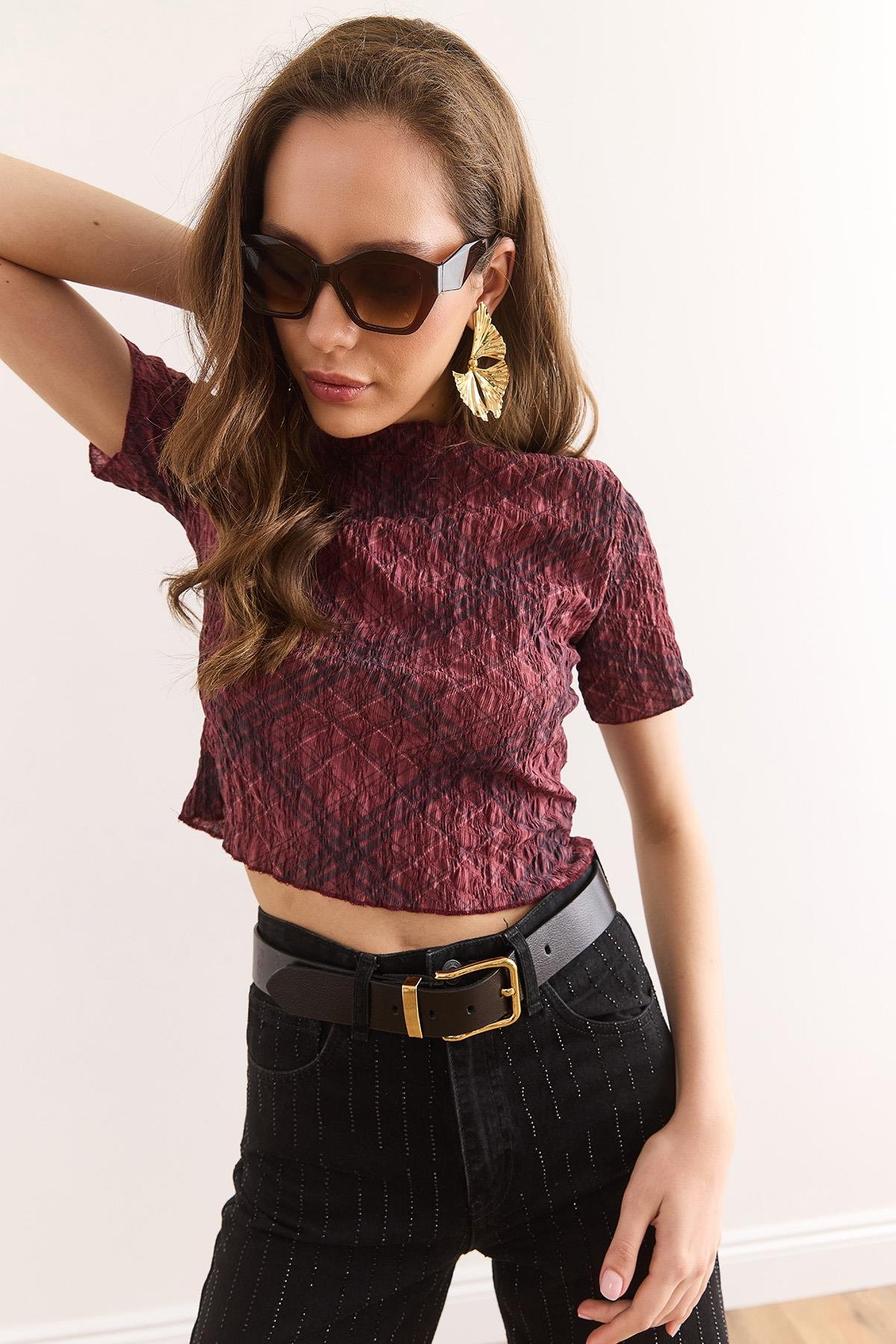 Dijital Baskılı Crop Bürümcük Bluz Bordo
