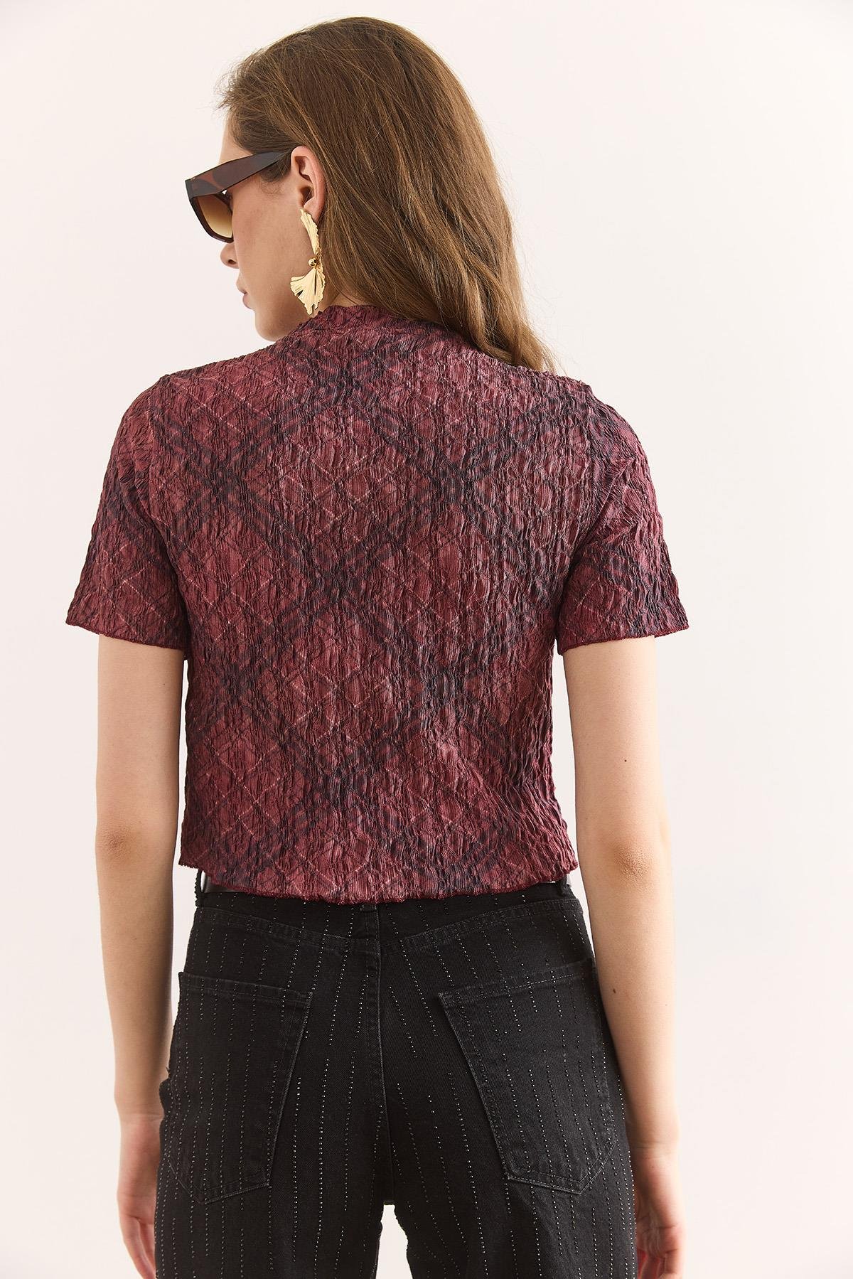 Dijital Baskılı Crop Bürümcük Bluz Bordo