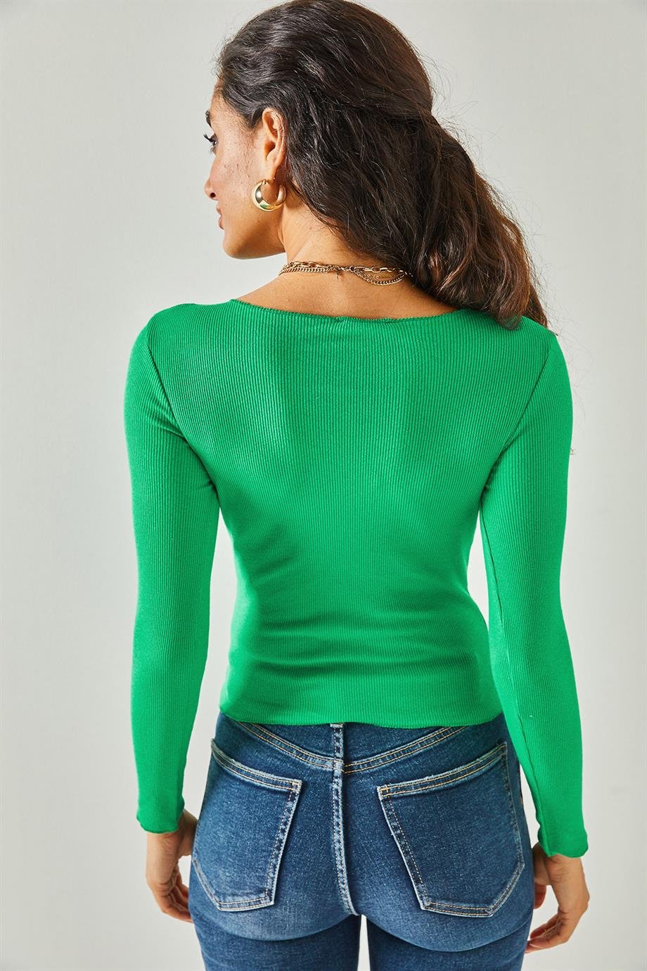 Dikiş Detaylı Crop Likralı Bluz Çimen Yeşili