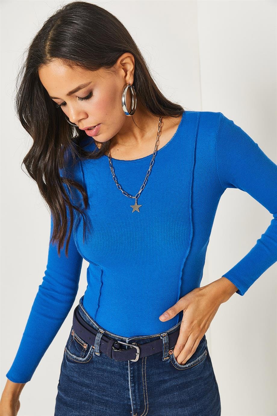Dikiş Detaylı Crop Likralı Bluz Saks Mavi