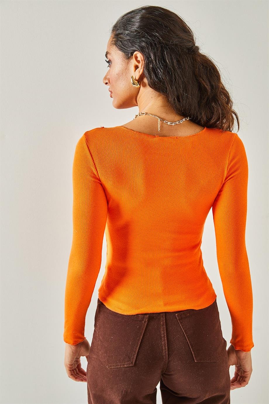 Dikiş Detaylı Crop Likralı Bluz Turuncu
