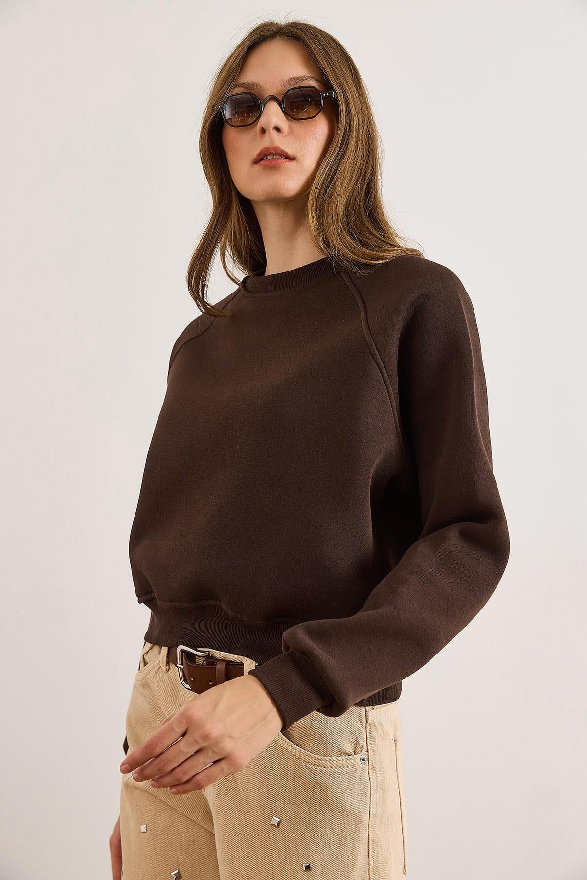 Dikiş Detaylı Reglan Kol Sweatshirt Kahverengi