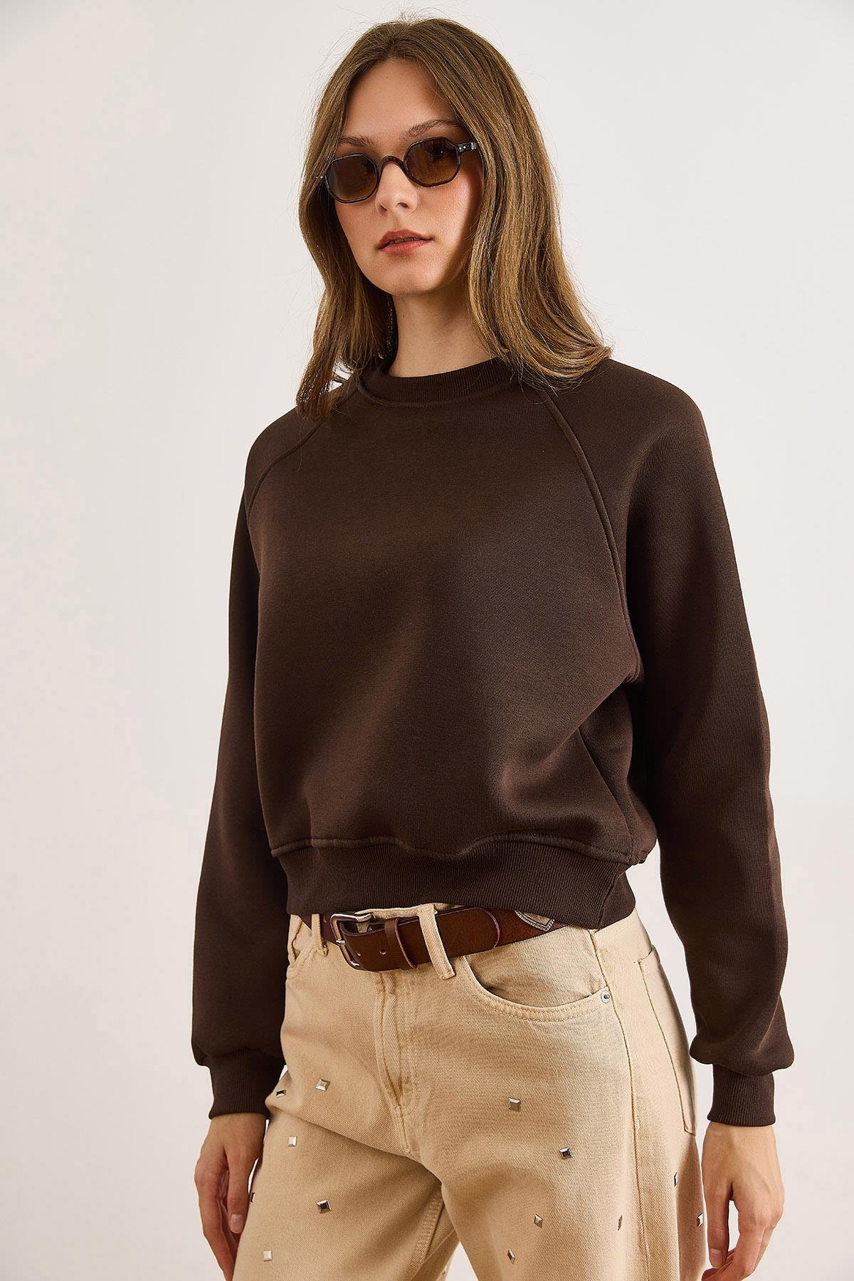 Dikiş Detaylı Reglan Kol Sweatshirt Kahverengi