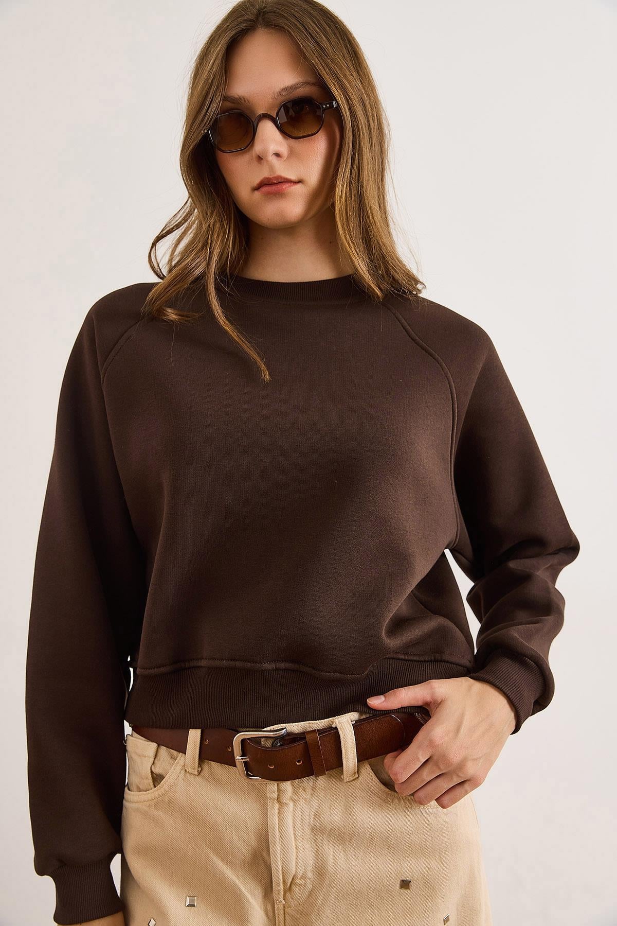 Dikiş Detaylı Reglan Kol Sweatshirt Kahverengi