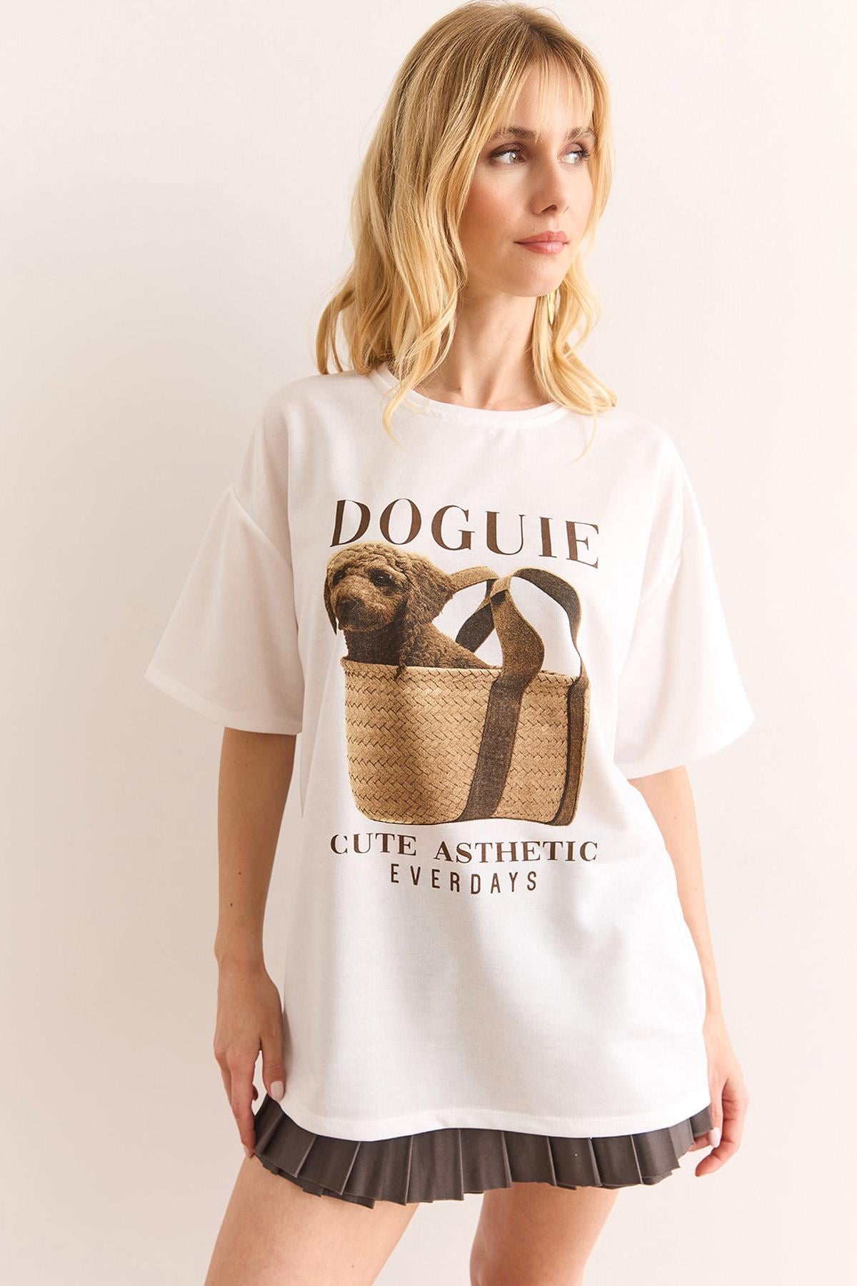 Doguie Baskılı 2 İp Relaxed Fit Tişört Beyaz
