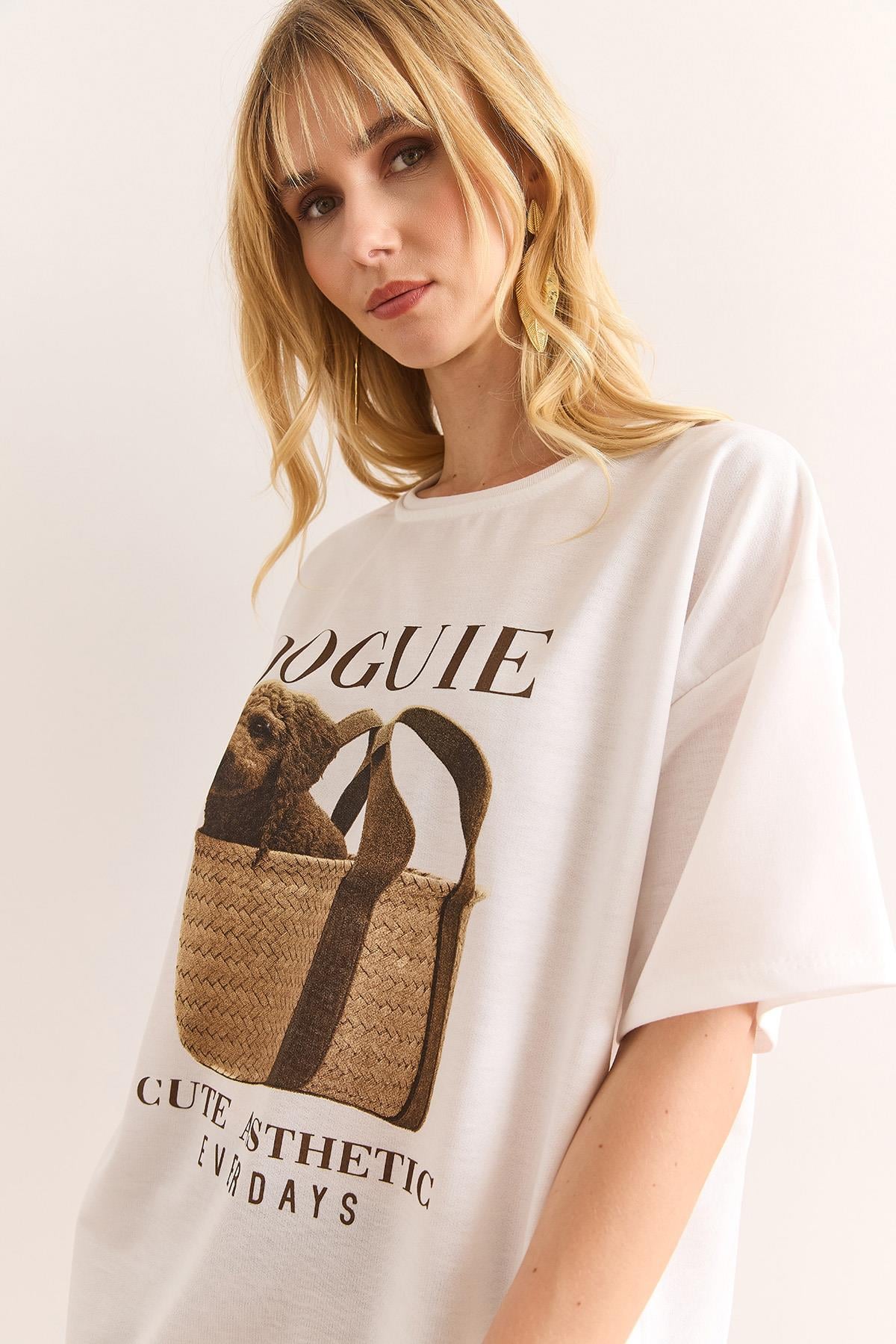 Doguie Baskılı 2 İp Relaxed Fit Tişört Beyaz