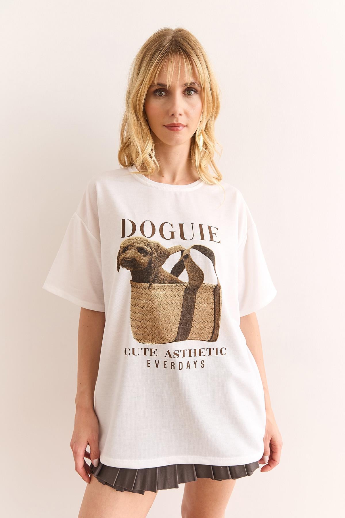 Doguie Baskılı 2 İp Relaxed Fit Tişört Beyaz