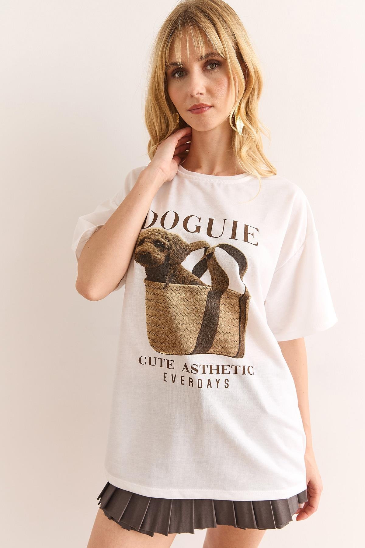 Doguie Baskılı 2 İp Relaxed Fit Tişört Beyaz