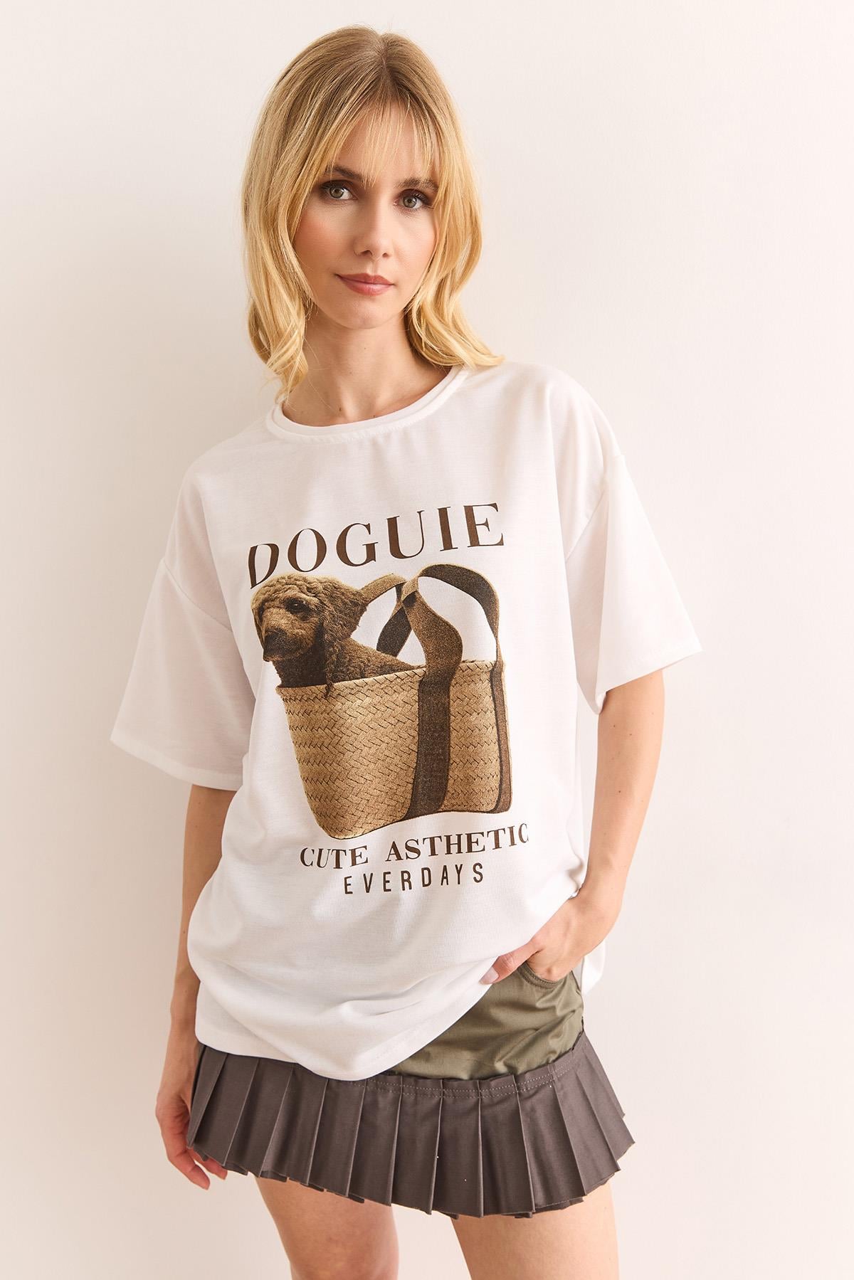 Doguie Baskılı 2 İp Relaxed Fit Tişört Beyaz
